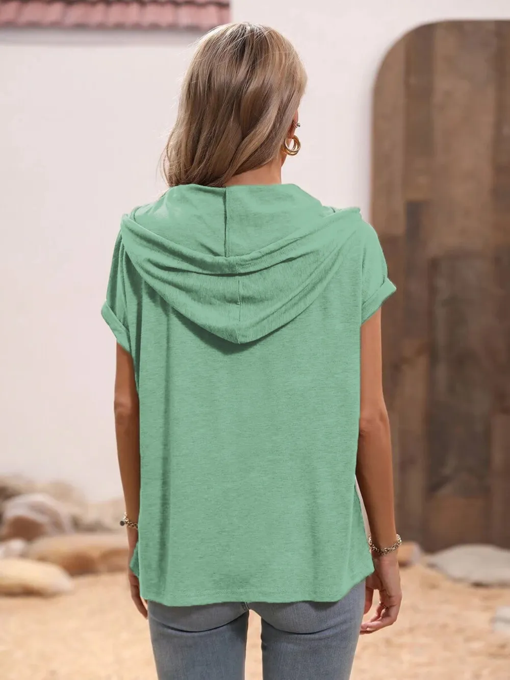 Half Button Hooded Short Sleeve Blouse, image 7