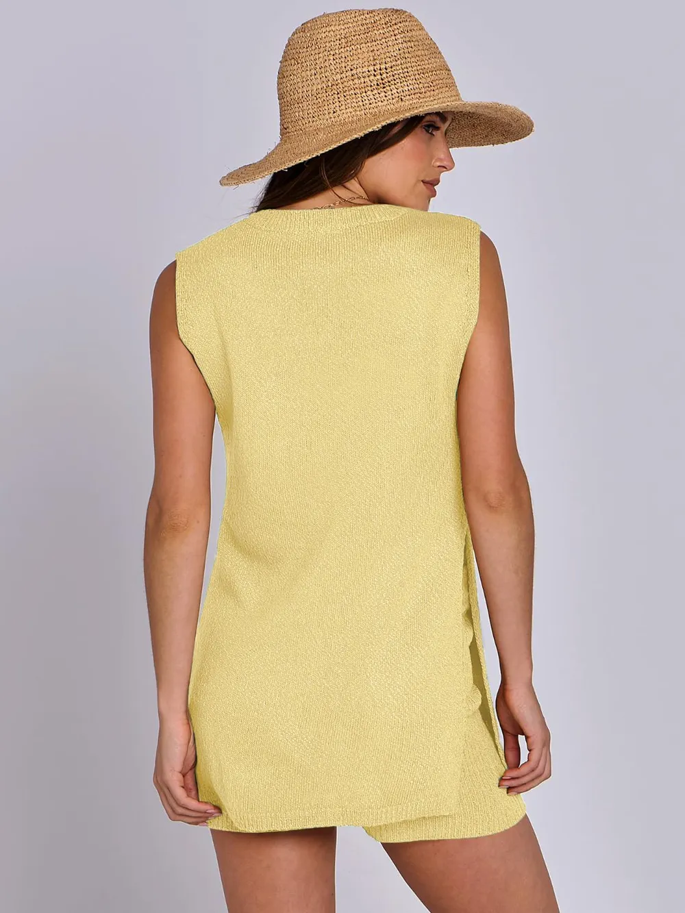Side Slit Round Neck Tank and Ribbed Shorts Sweater Set, image 7