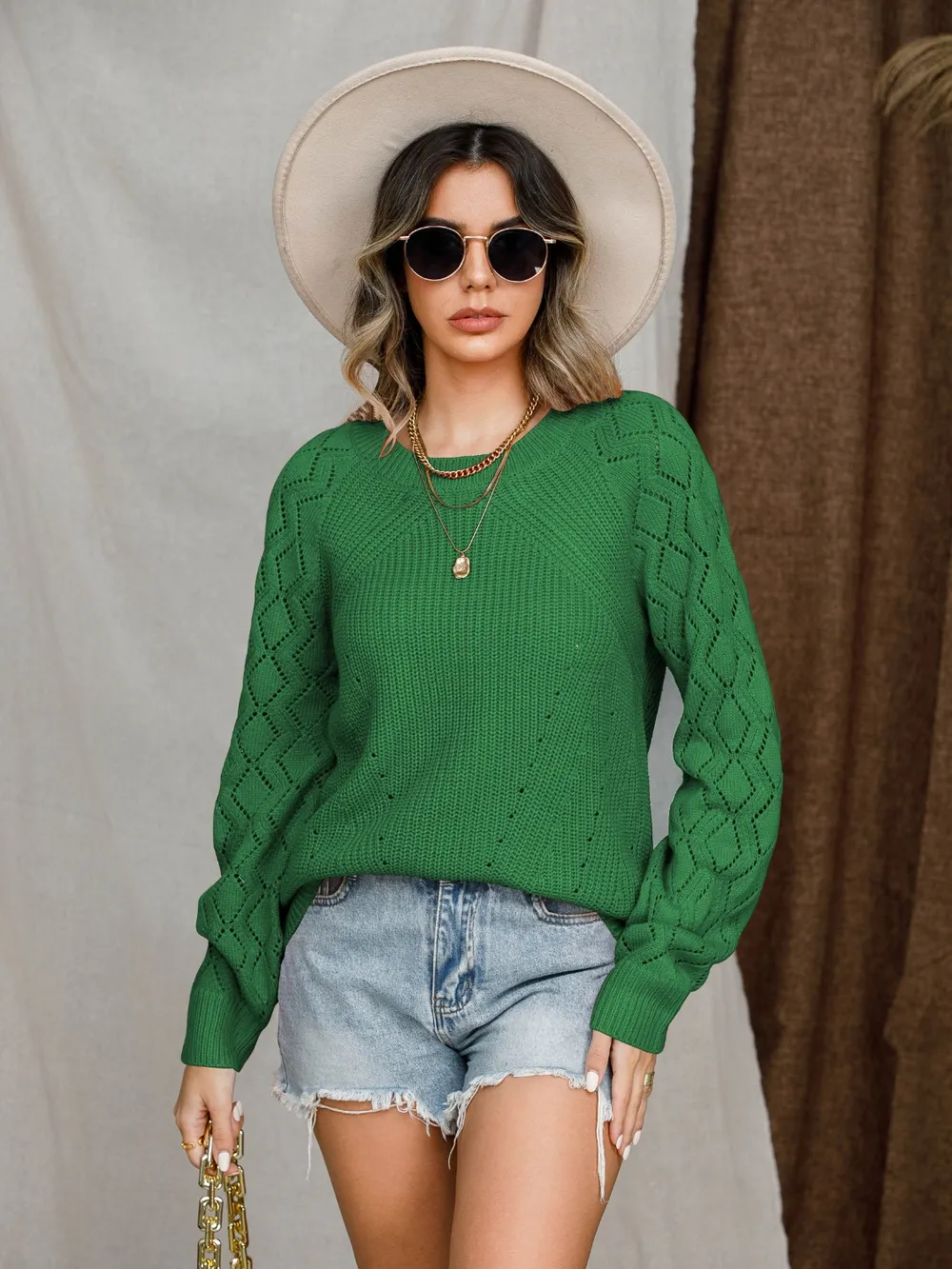 Openwork Round Neck Raglan Sleeve Sweater, image 15