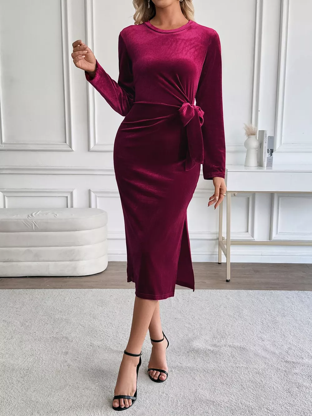 Velvet Slit Round Neck Long Sleeve Dress with Side Tie Detail, image 3