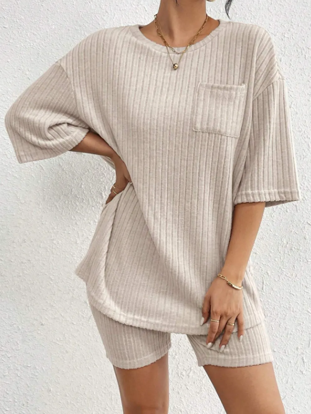 Ribbed Round Neck Top and Shorts Set, image 13
