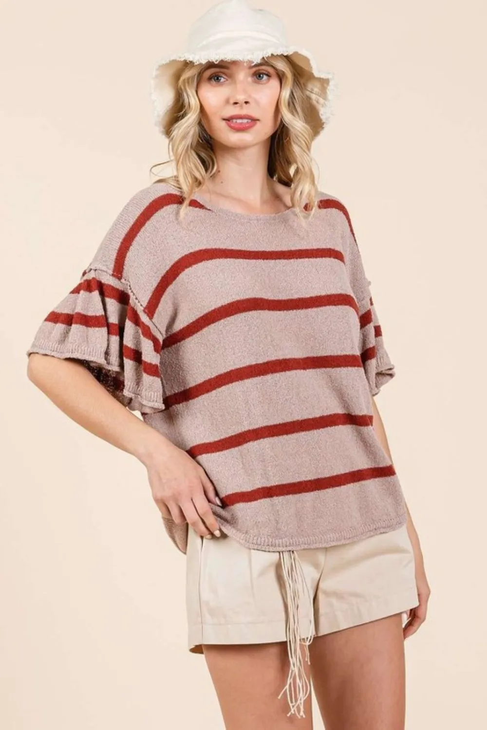 Striped Flounce Sleeve Knit Top, image 6