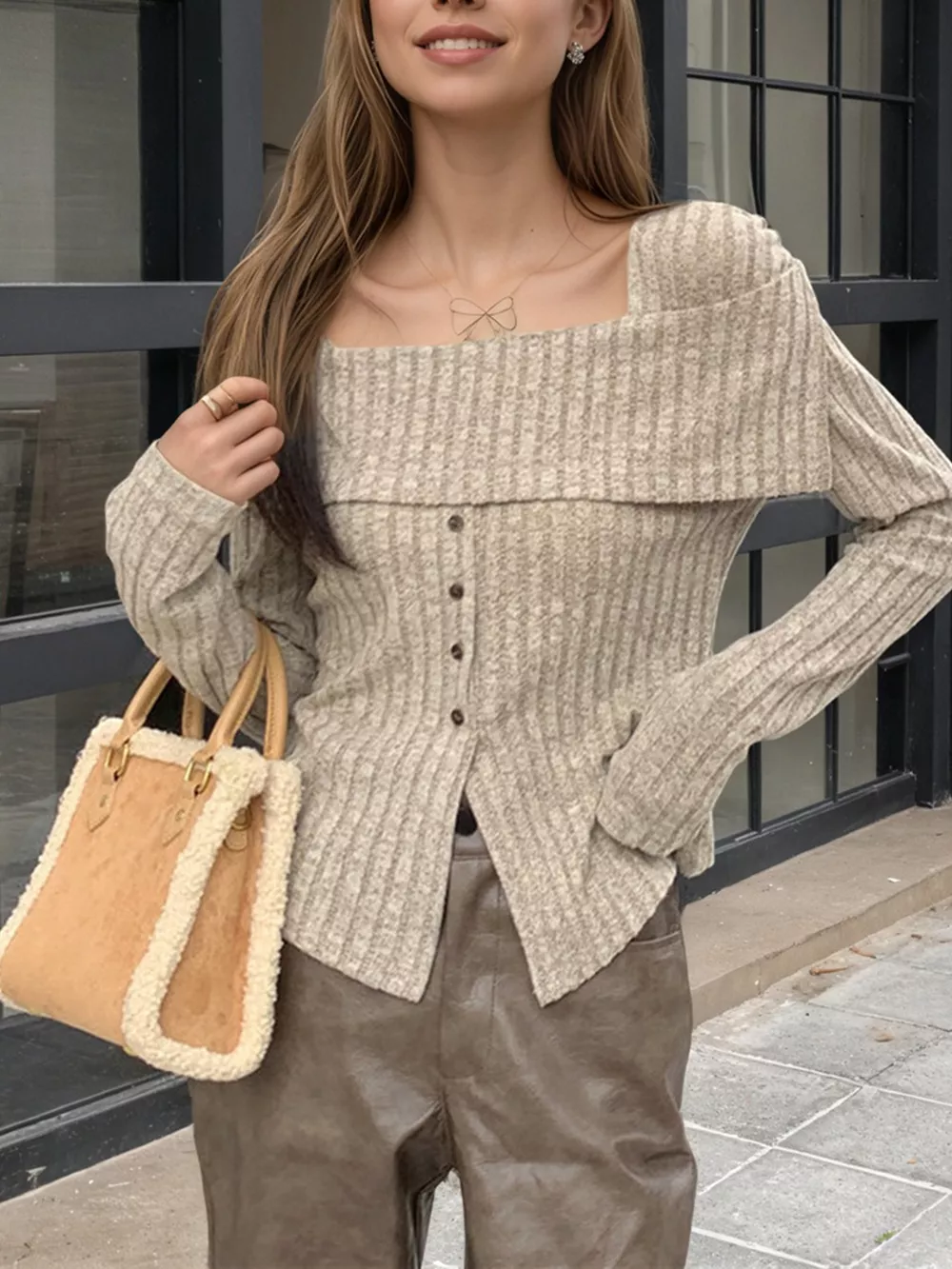Ribbed Square Neck Long Sleeve Top, image 7