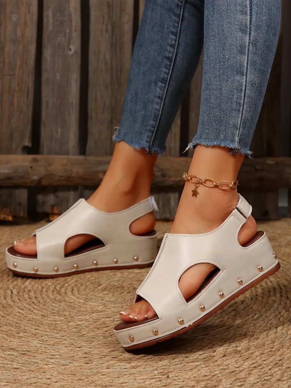PU Leather Studded Wedge Sandals, image 5