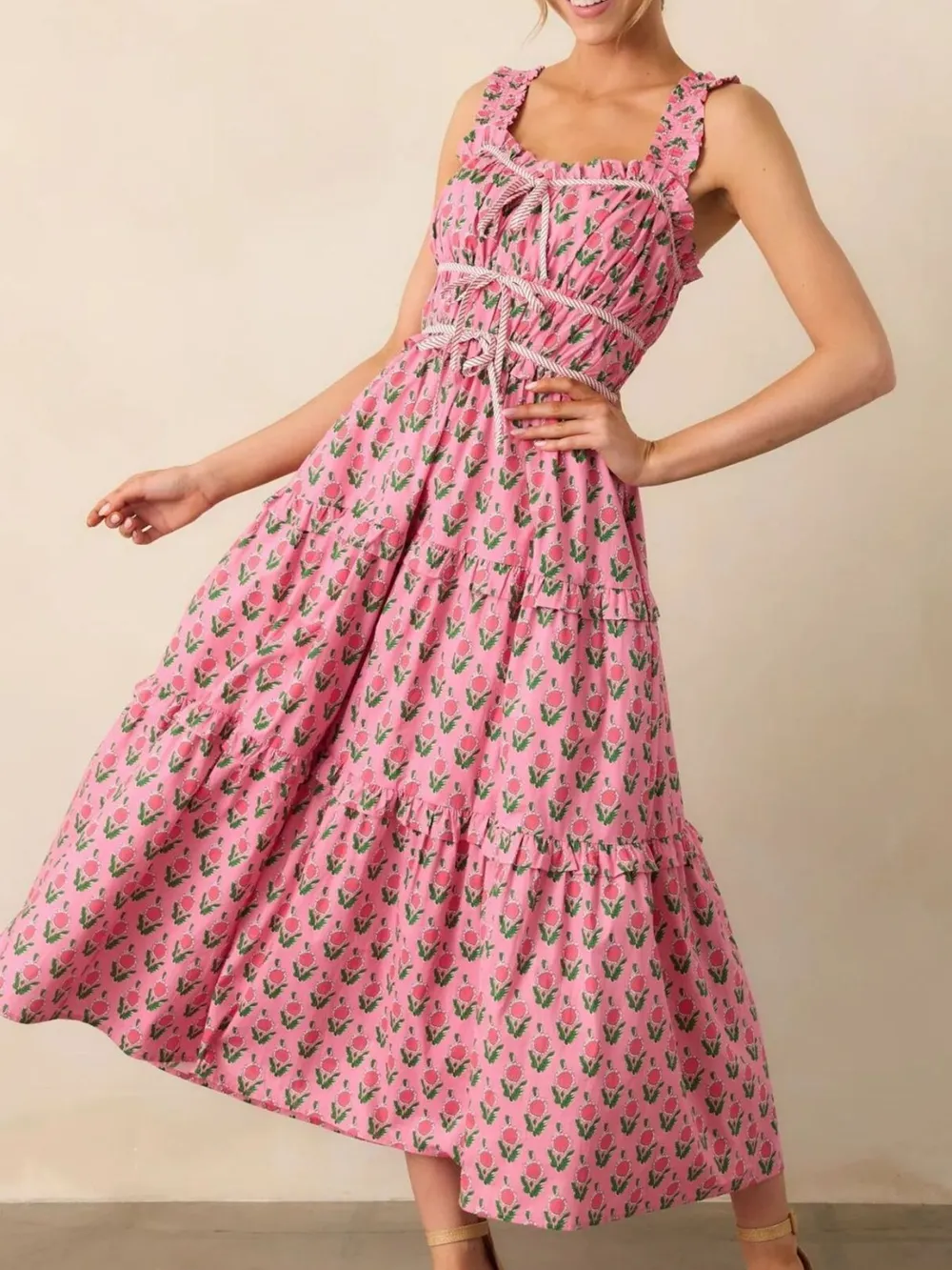 Floral Print Ruffled Midi Dress with Pockets, image 4