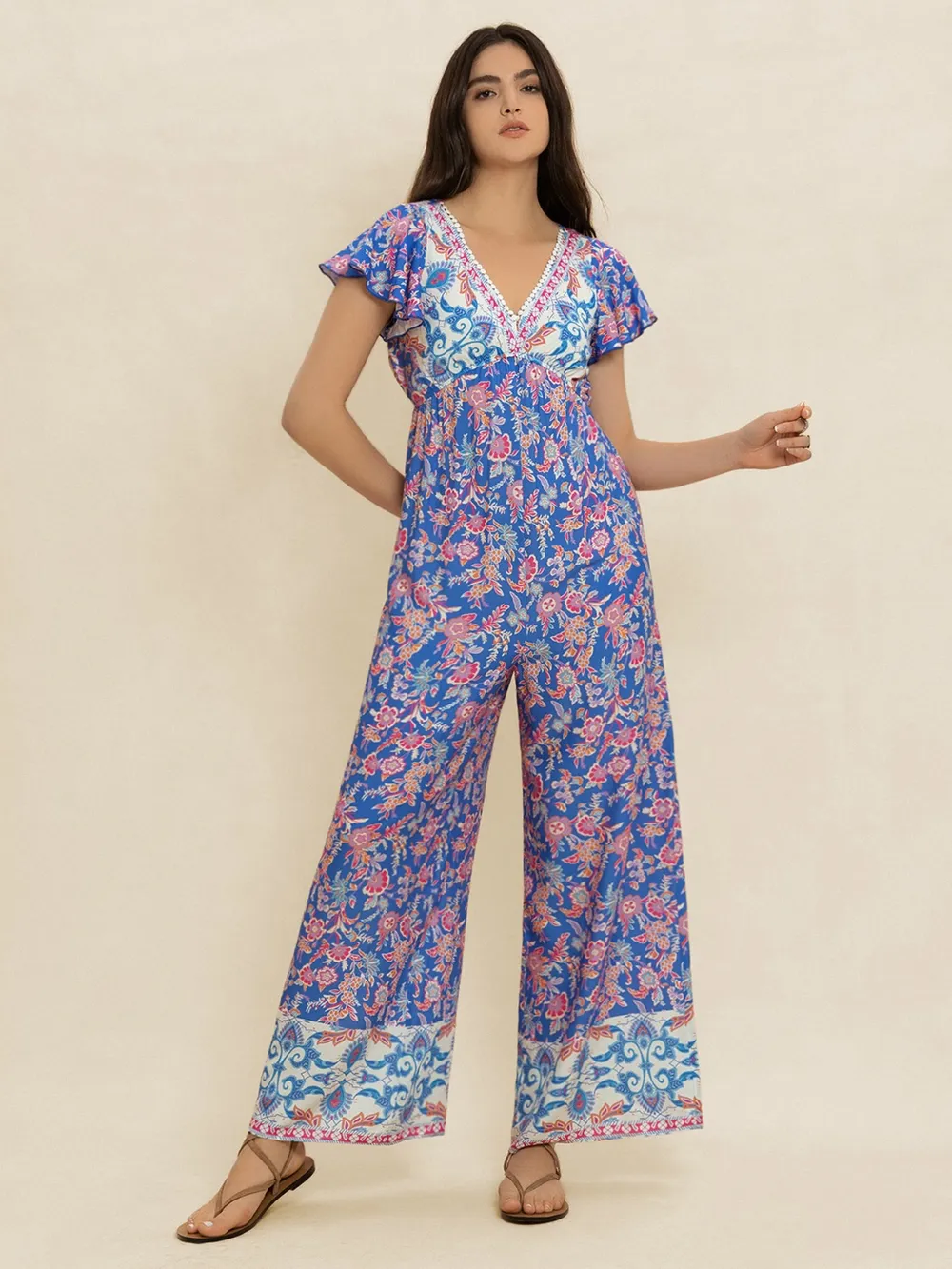 Printed V-Neck Wide Leg Jumpsuit, image 3