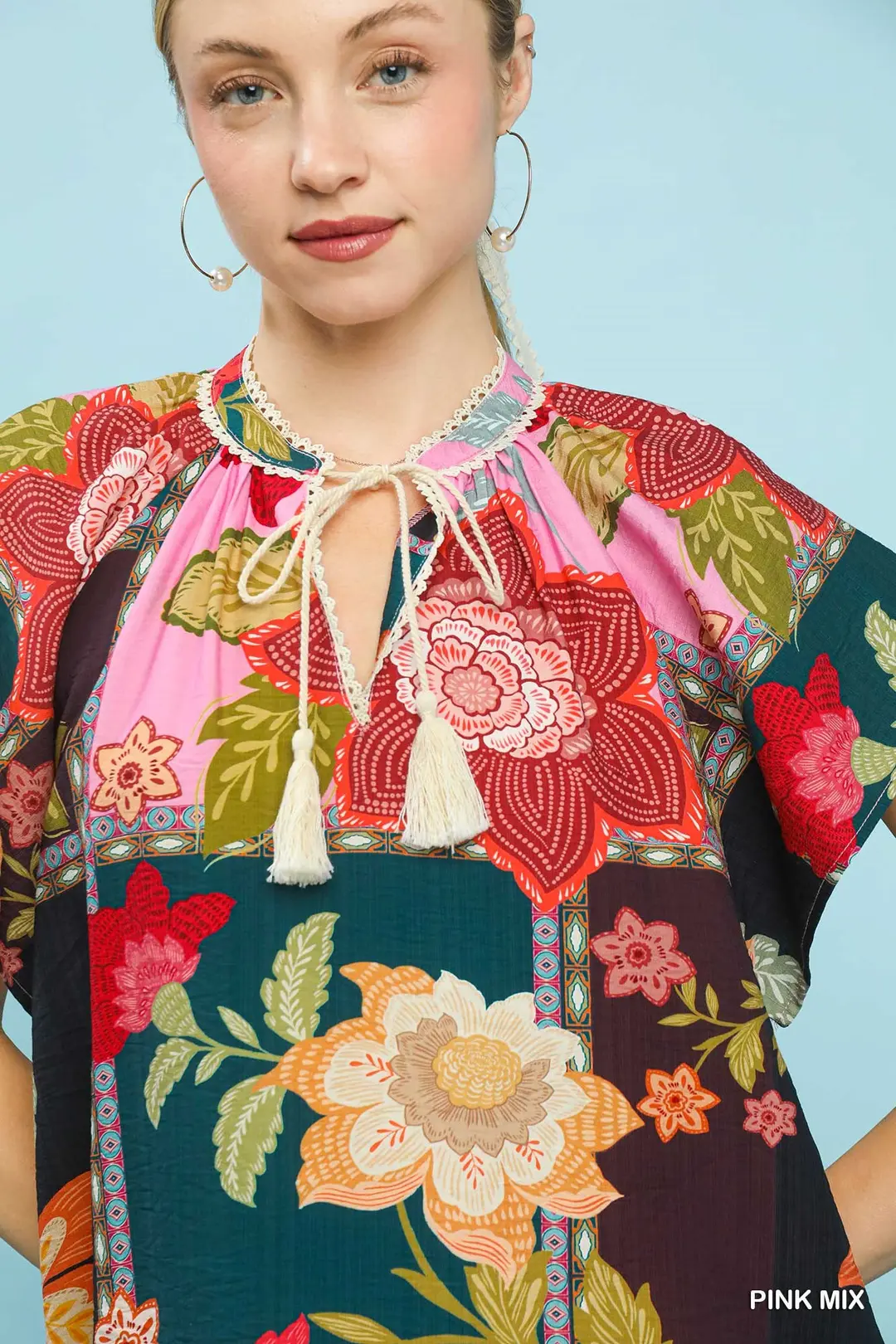 Mix Floral Patchwork Tassel Tie Top, image 5