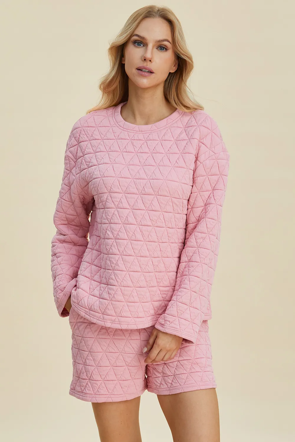 Full Size Texture Round Neck Long Sleeve Top and Shorts Set, image 5