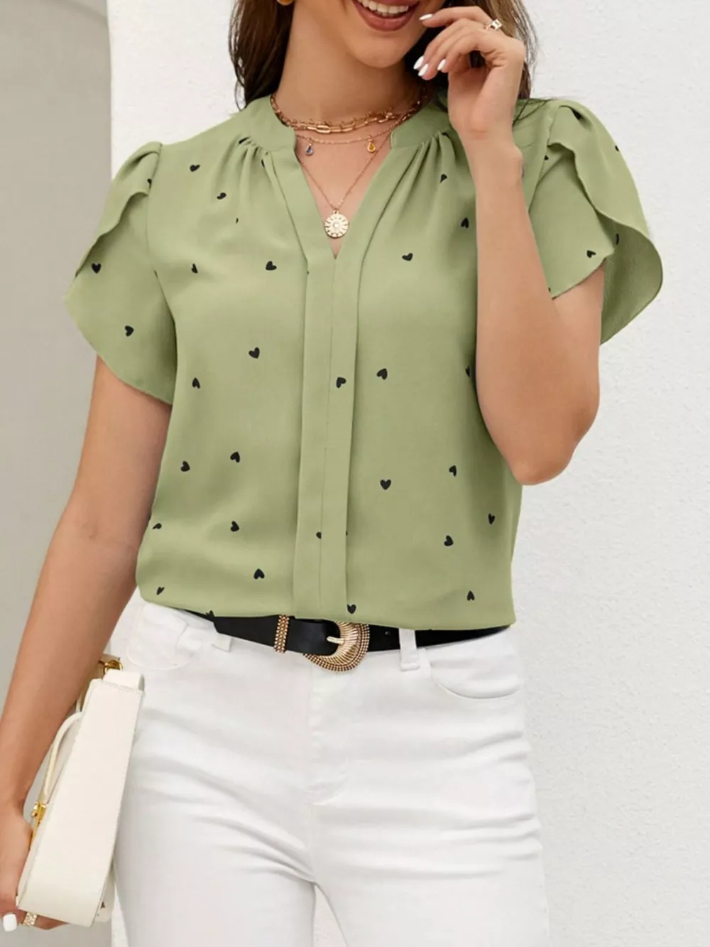 Heart Print Petal Sleeve Blouse, image 9