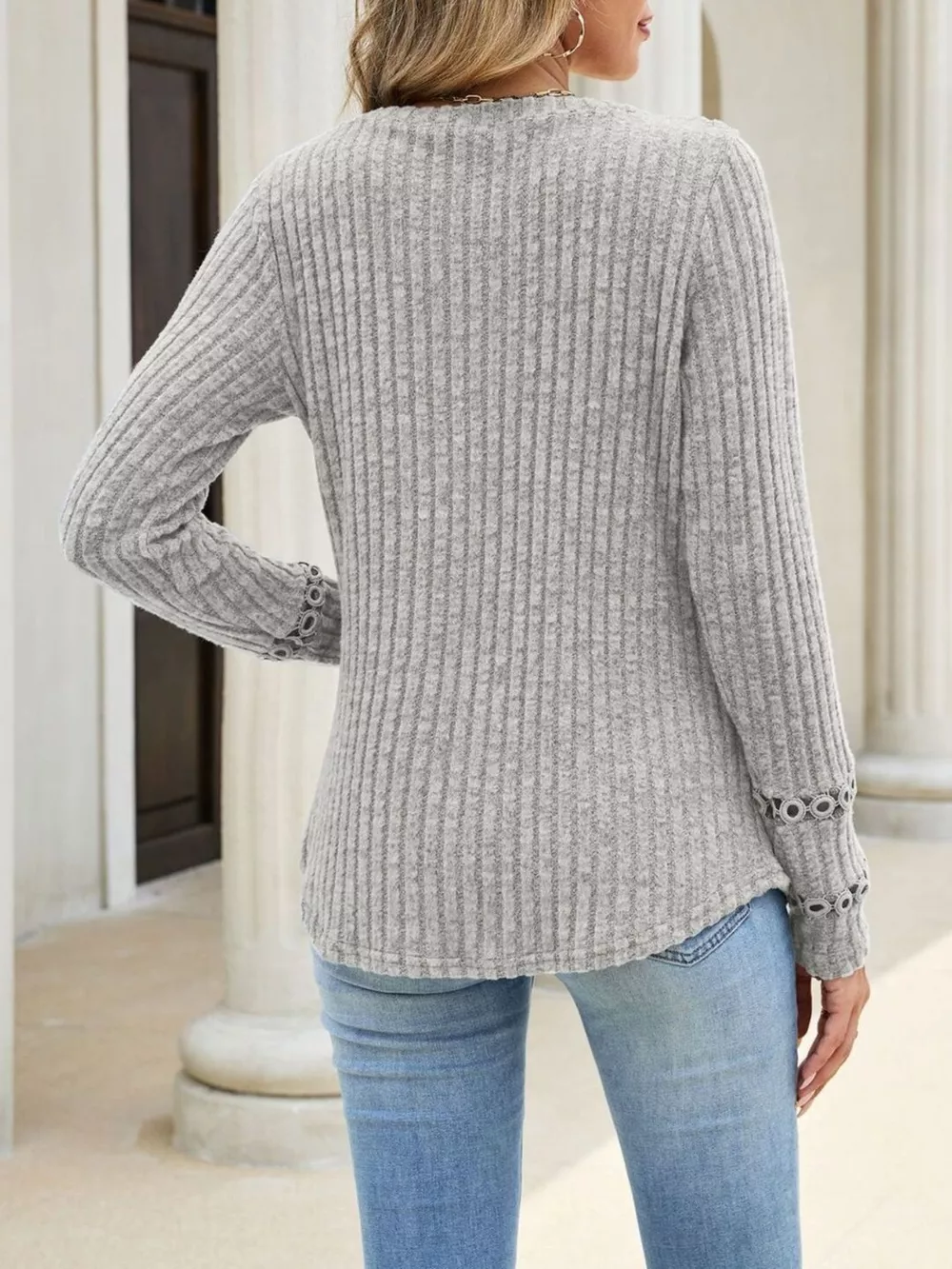 V-Neck Ribbed Knit Top with Eyelet Cuff Detail, image 27