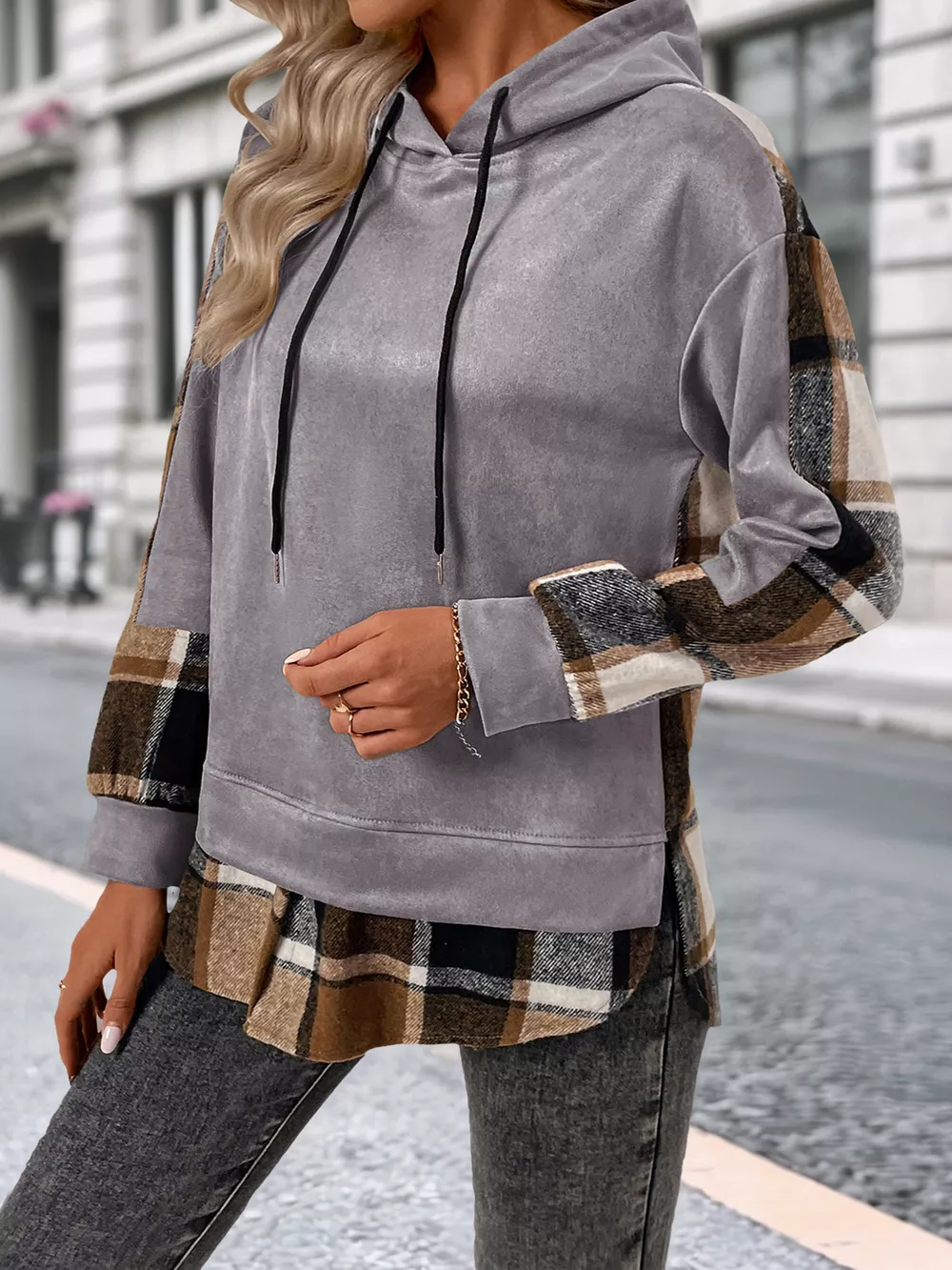 Plaid Drawstring Long Sleeve Hoodie, image 8
