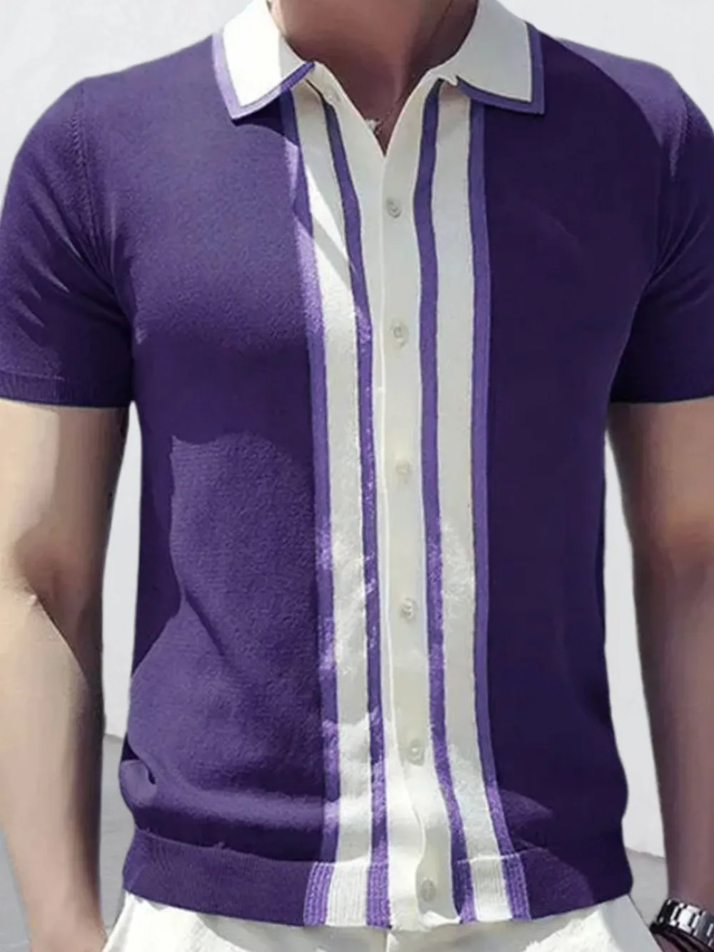 Men's Collared Neck Striped Contrast Knit Polo, image 2