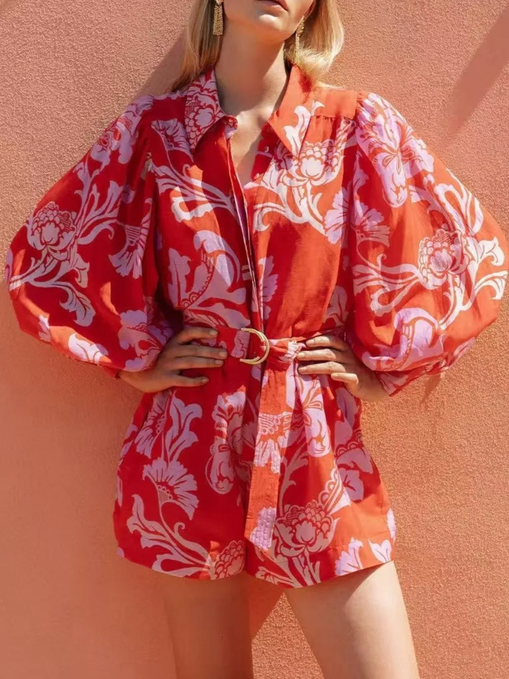 Printed Long Sleeve Belted Romper, image 3