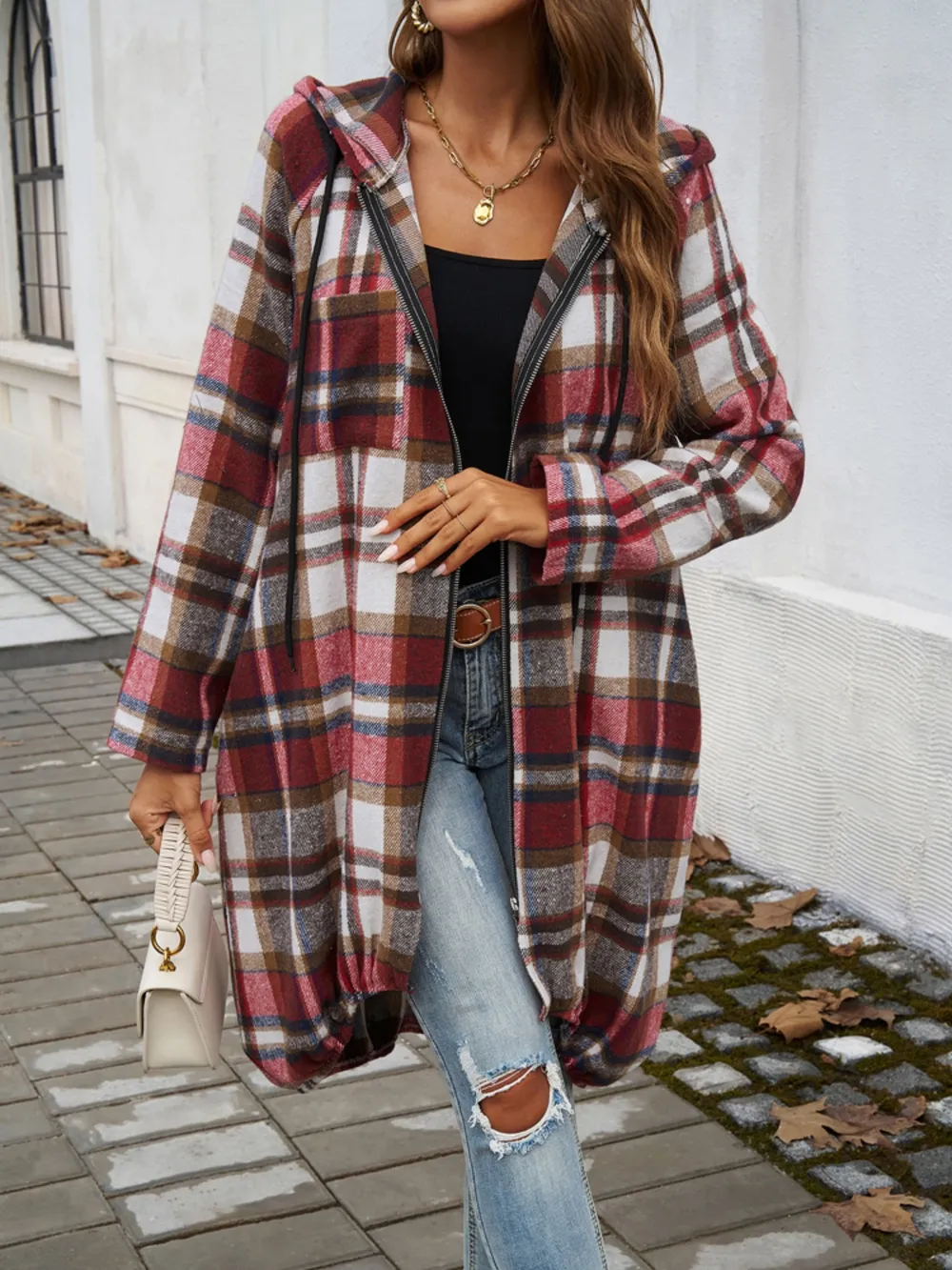 Plaid Zip Up Hooded Coat, image 2