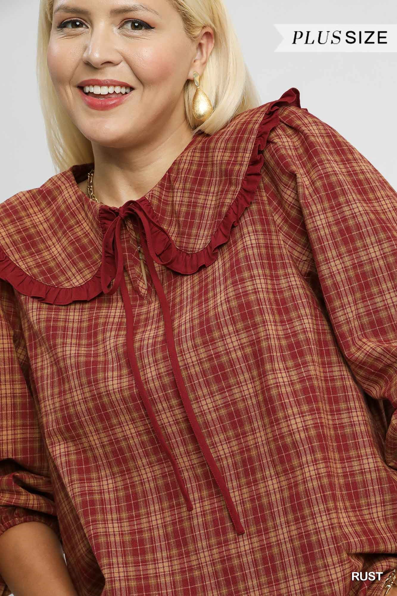 Full Size Plaid Ruffle Collar Blouse Plus Size, image 10