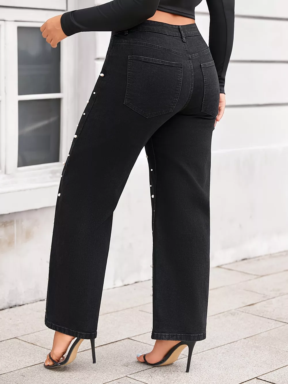 Plus Size Pearl Embellished Wide Leg Jeans, image 5
