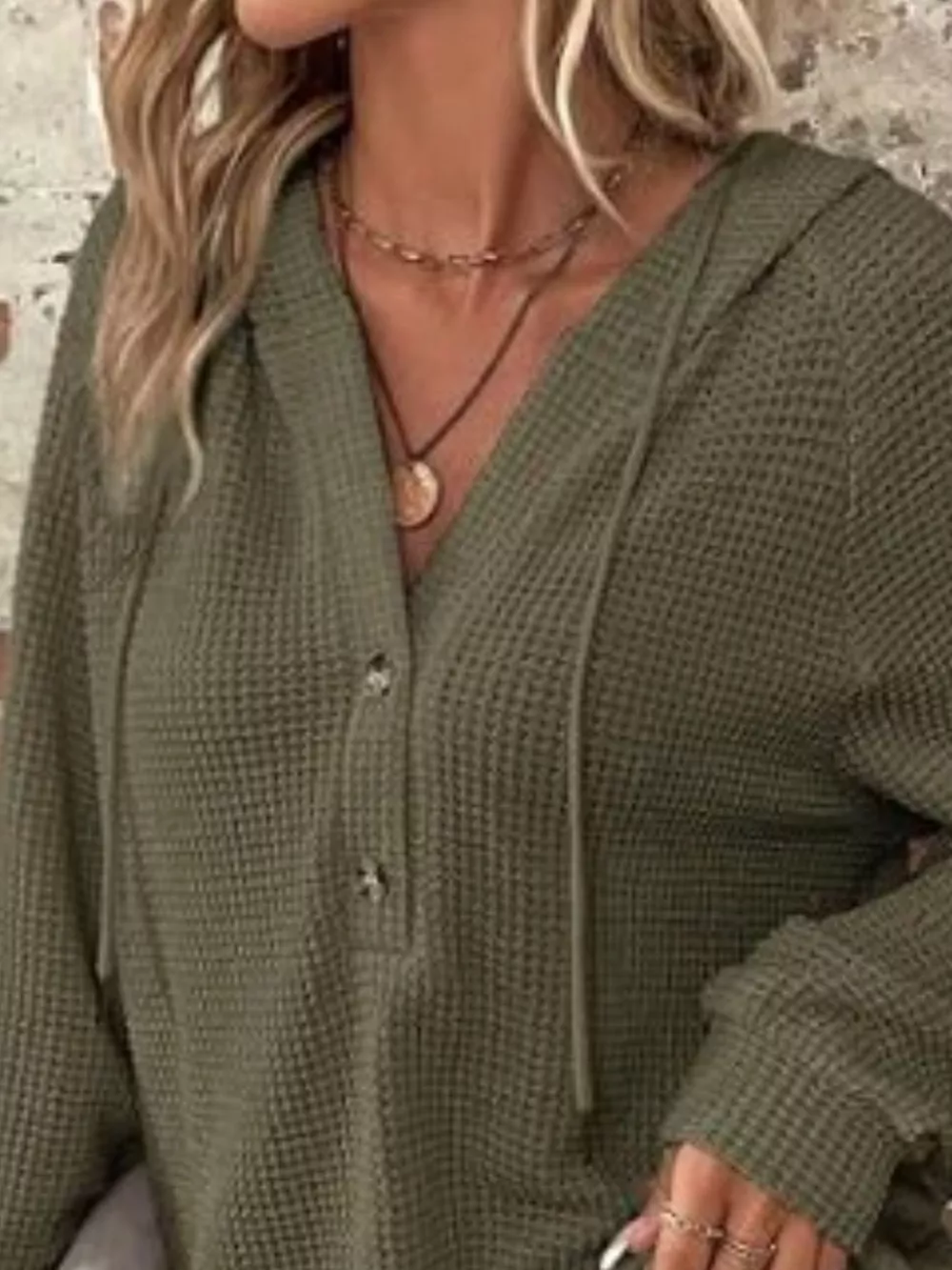Waffle Knit Button Detail Hoodie, image 5