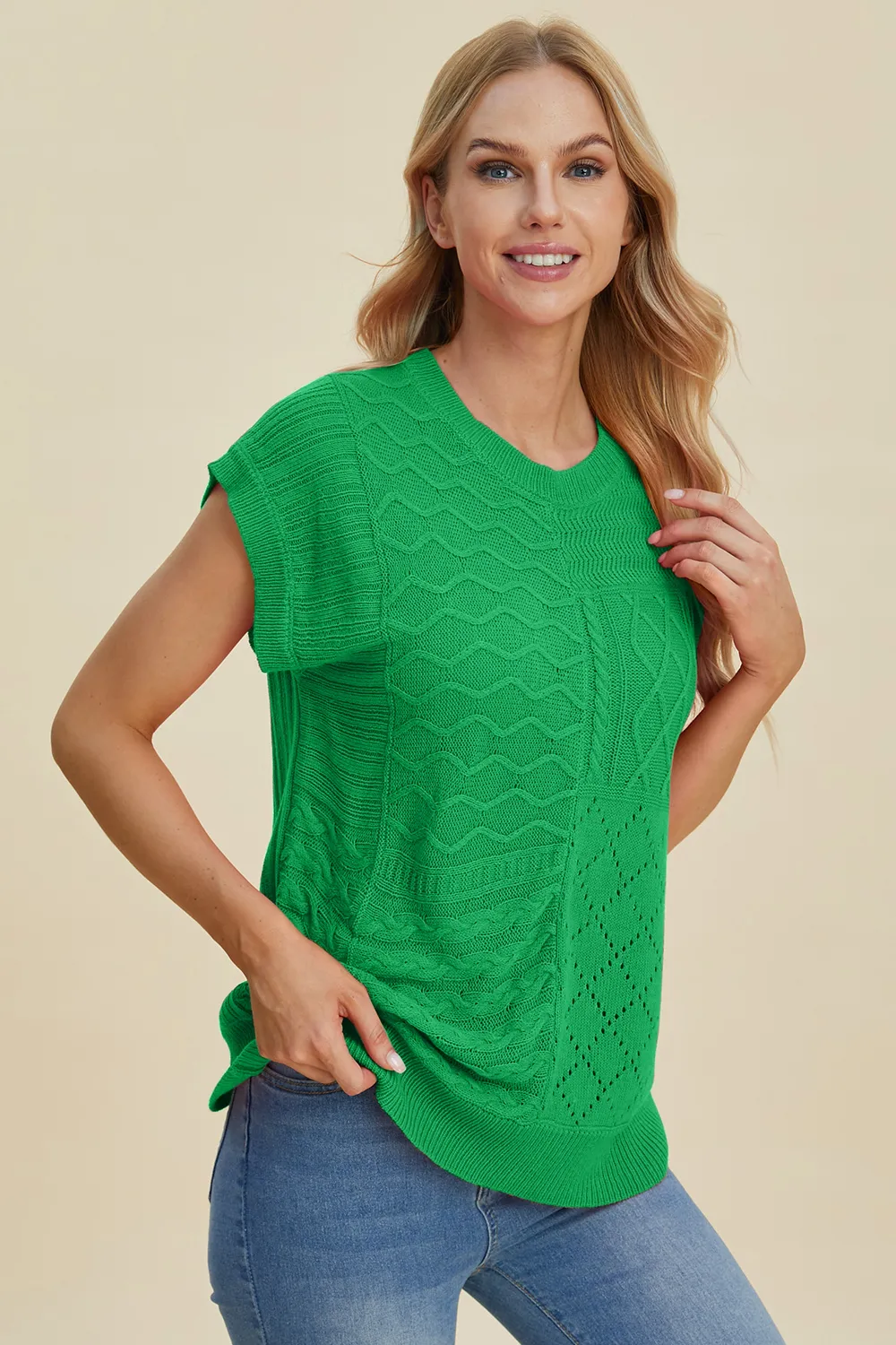 Full Size Cable-Knit Round Neck Cap Sleeve Sweater, image 13