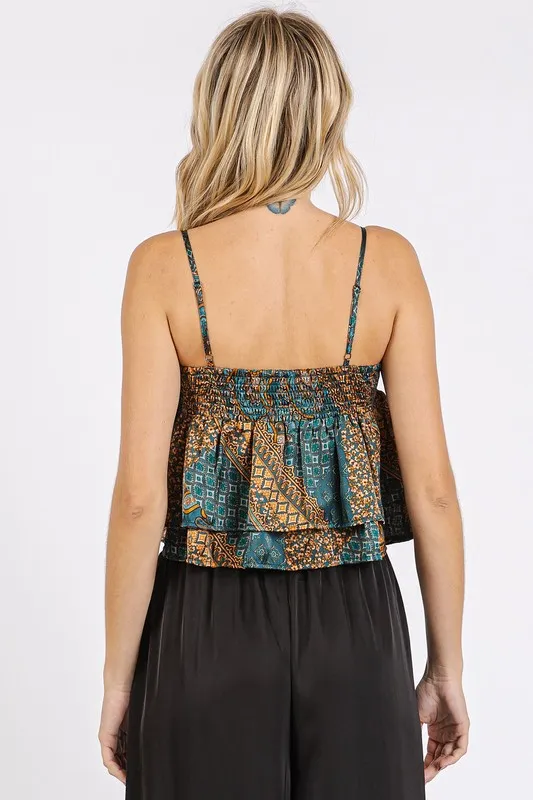Paisley Patchwork Print Satin Ruffle Crop Cami, image 3