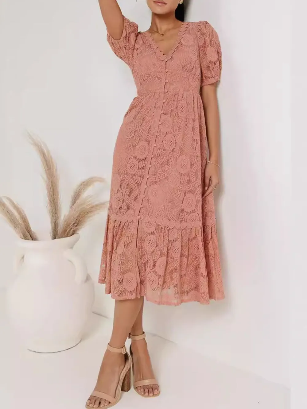 Lace V-Neck Short Sleeve Dress, image 7