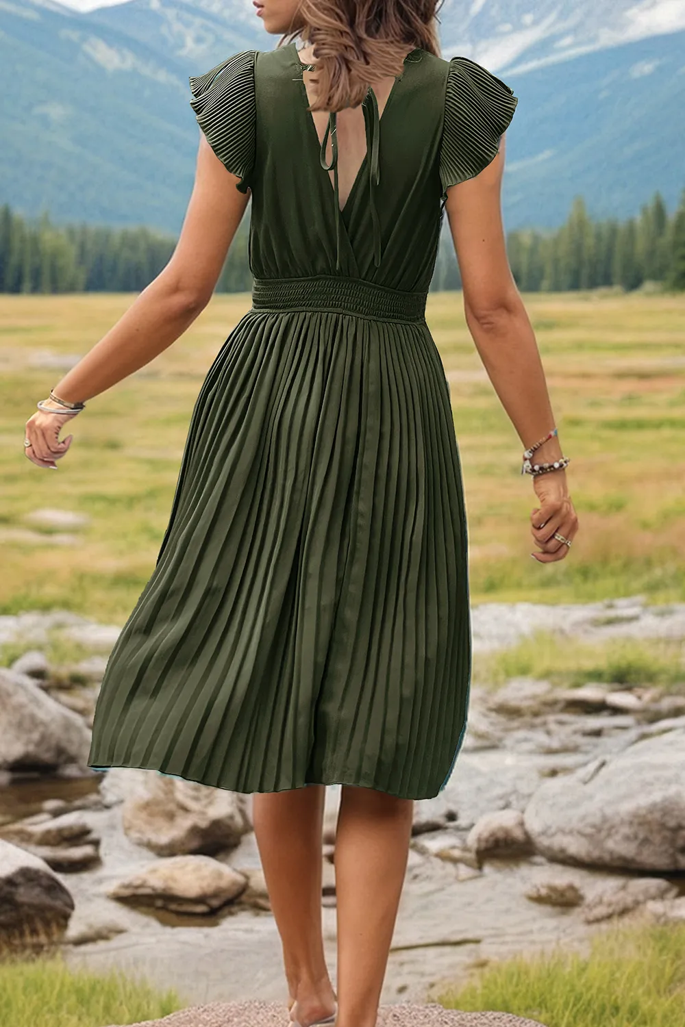 Tied Smocked Waist Flutter Sleeve Dress, image 4