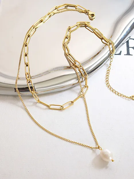 Freshwater Pearl Titanium Steel Double-Layered Necklace, image 4