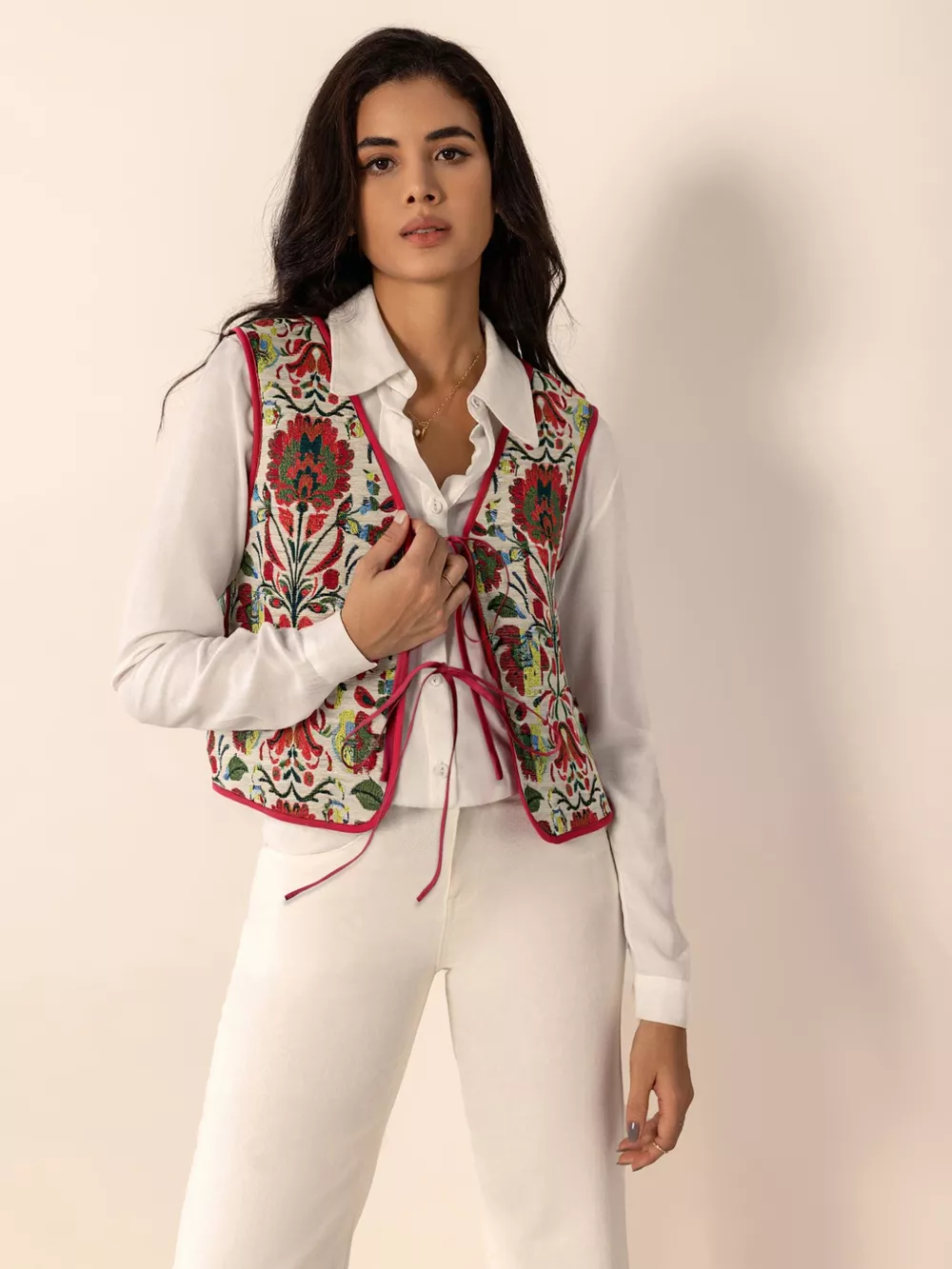 Floral Embroidered Tie-Front Vest Coat, image 6