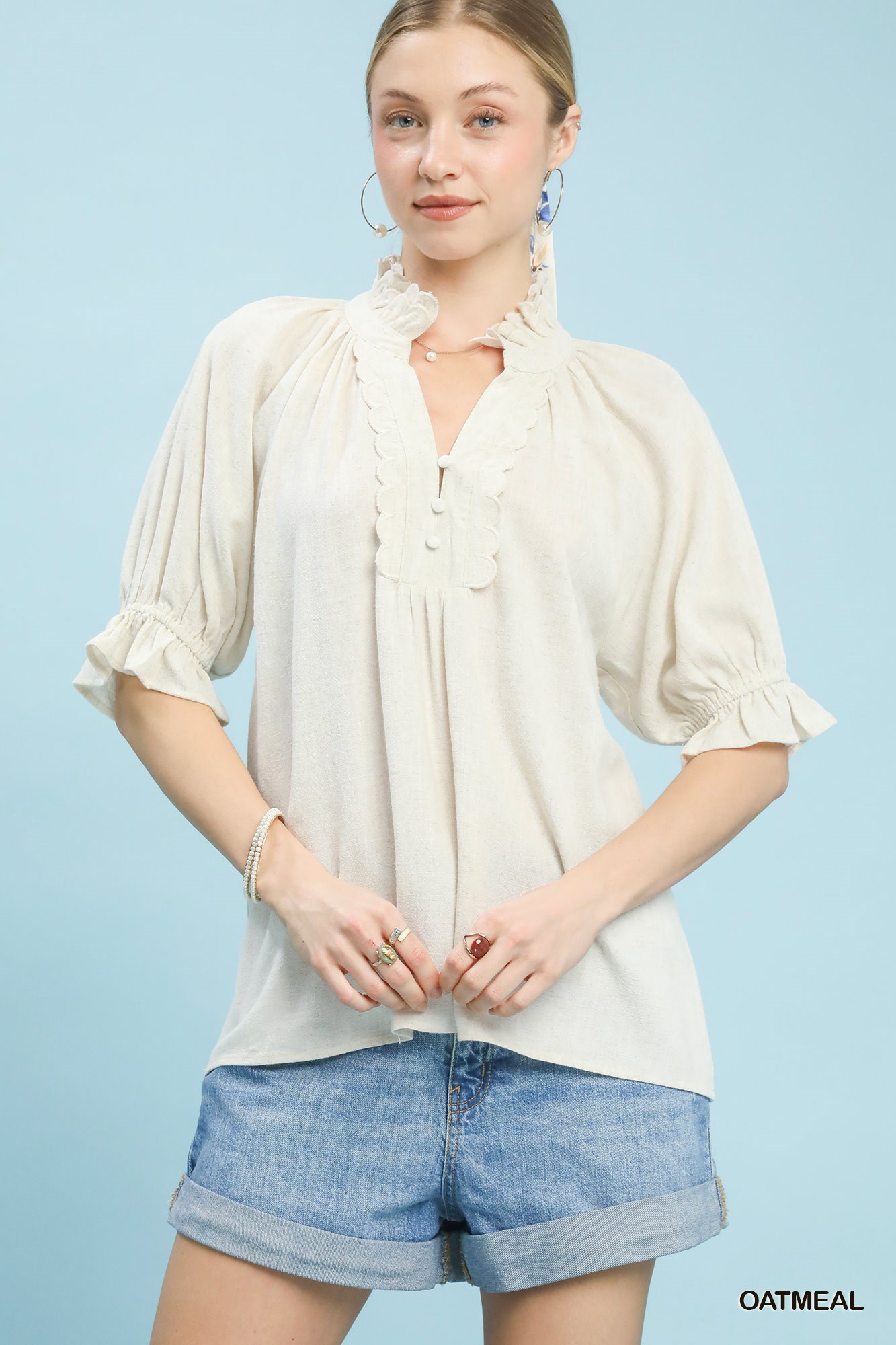 Linen Scalloped Ruffle Neck Blouse