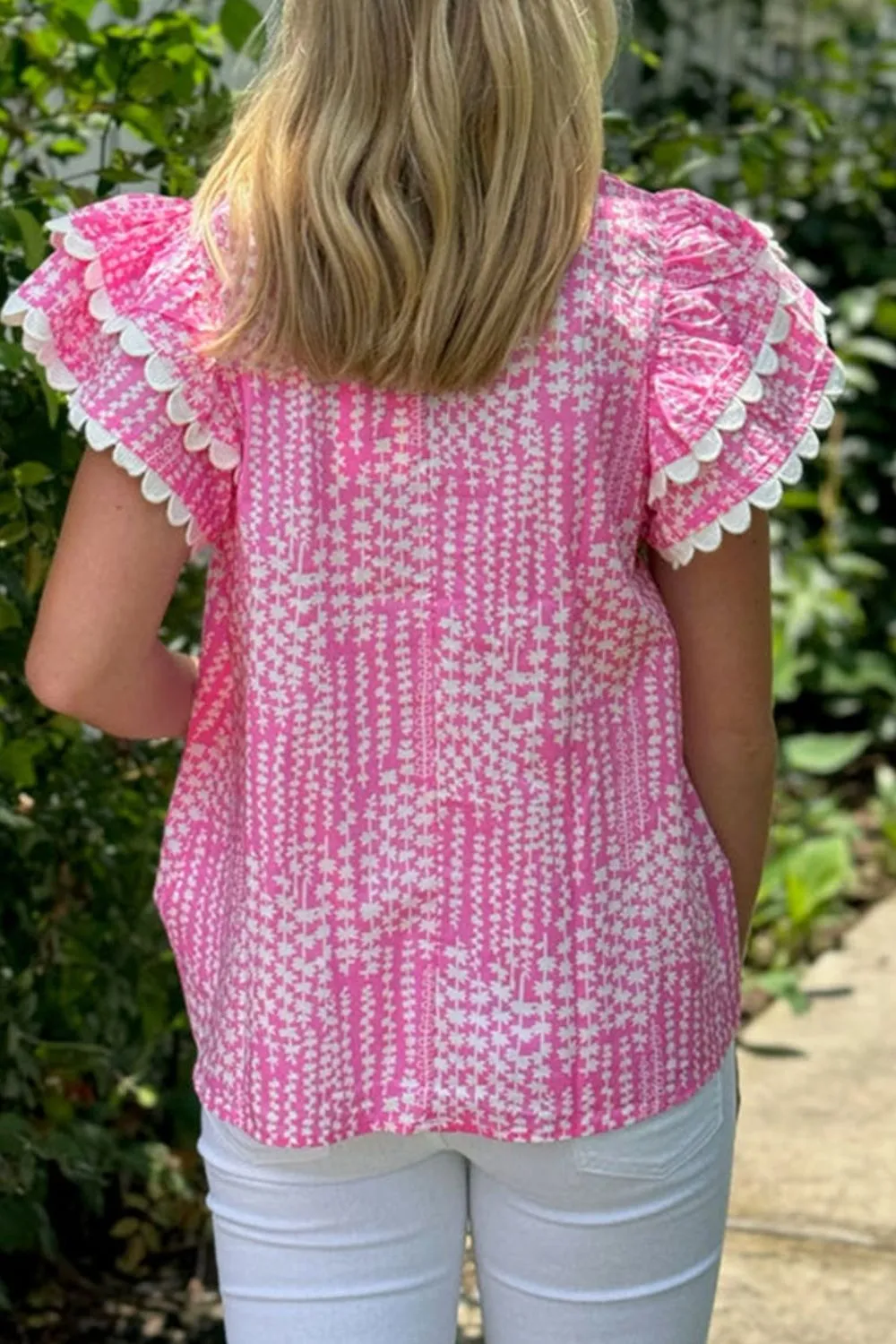 Abstract Print Ric Rac Trim Flutter Sleeve Notched Blouse, image 4