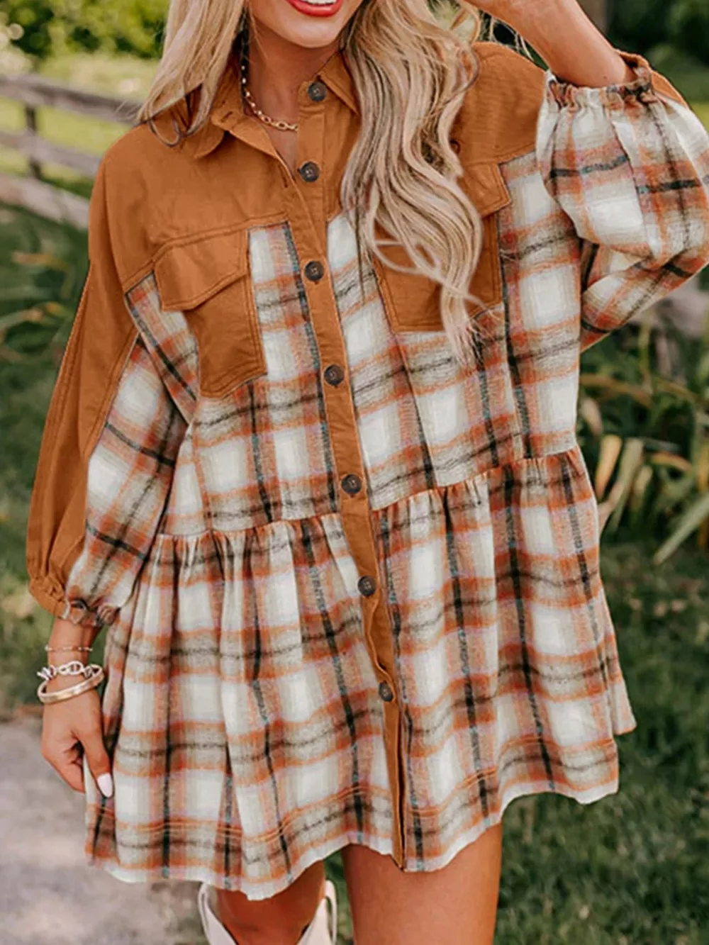 Plaid Button Front Mini Dress, image 2