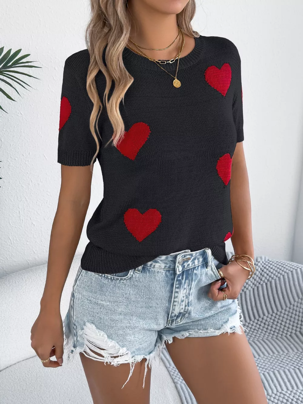 Heart Pattern Short Sleeve Knit Top, image 5