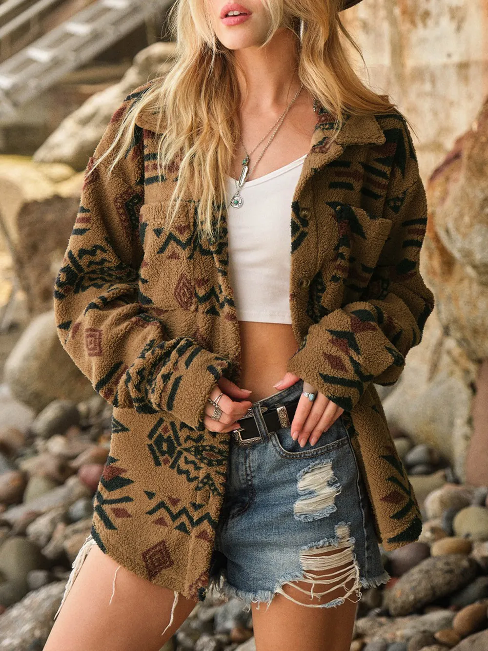 Geometric Button Up Long Sleeve Sherpa Jacket, image 4