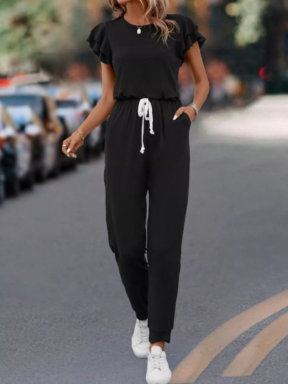 Ruffle Sleeve Drawstring Waist Casual Jumpsuit, image 2