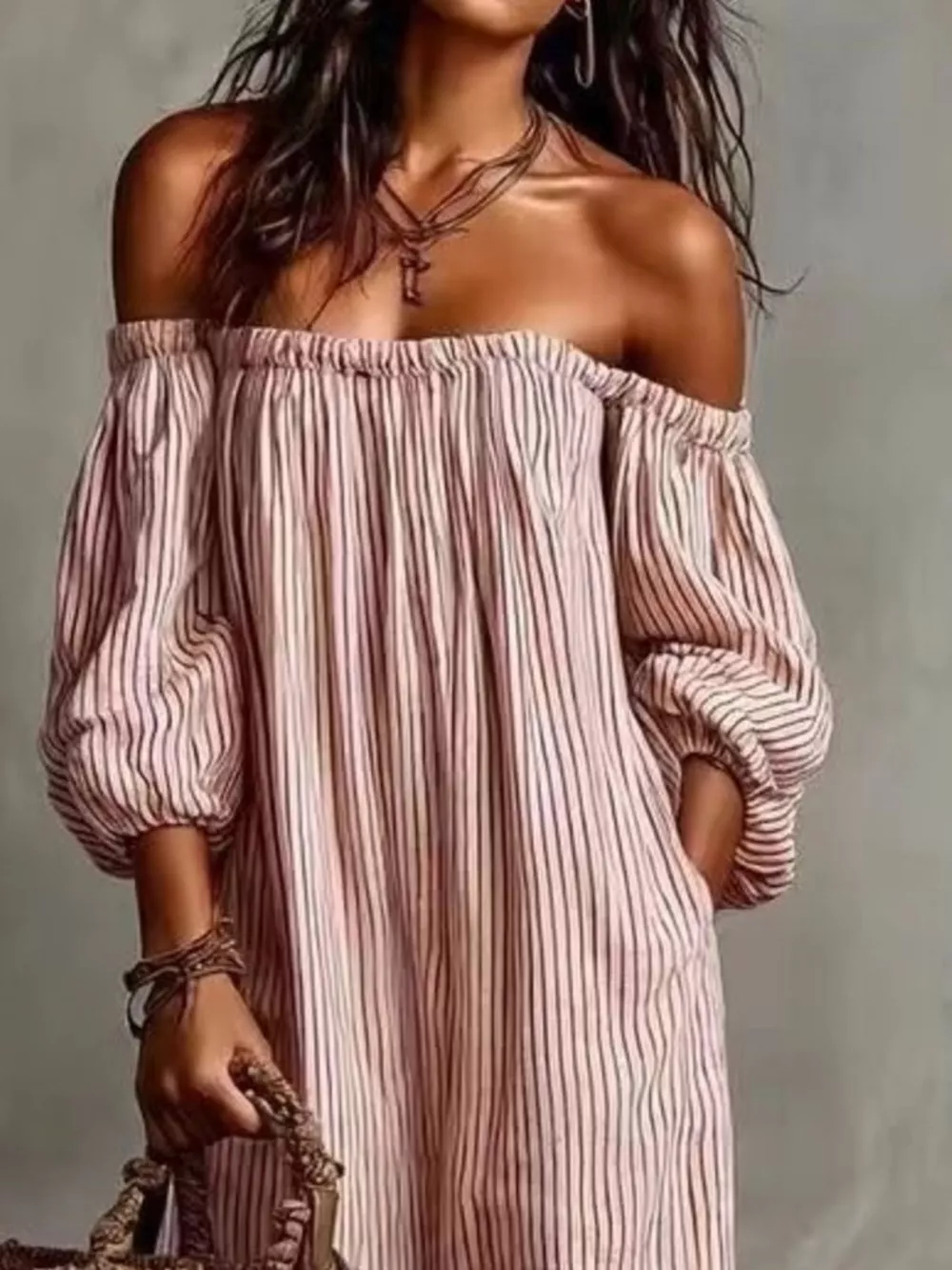 Full Size Off-Shoulder Striped Maxi Dress with Puff Sleeves Plus Size, image 6
