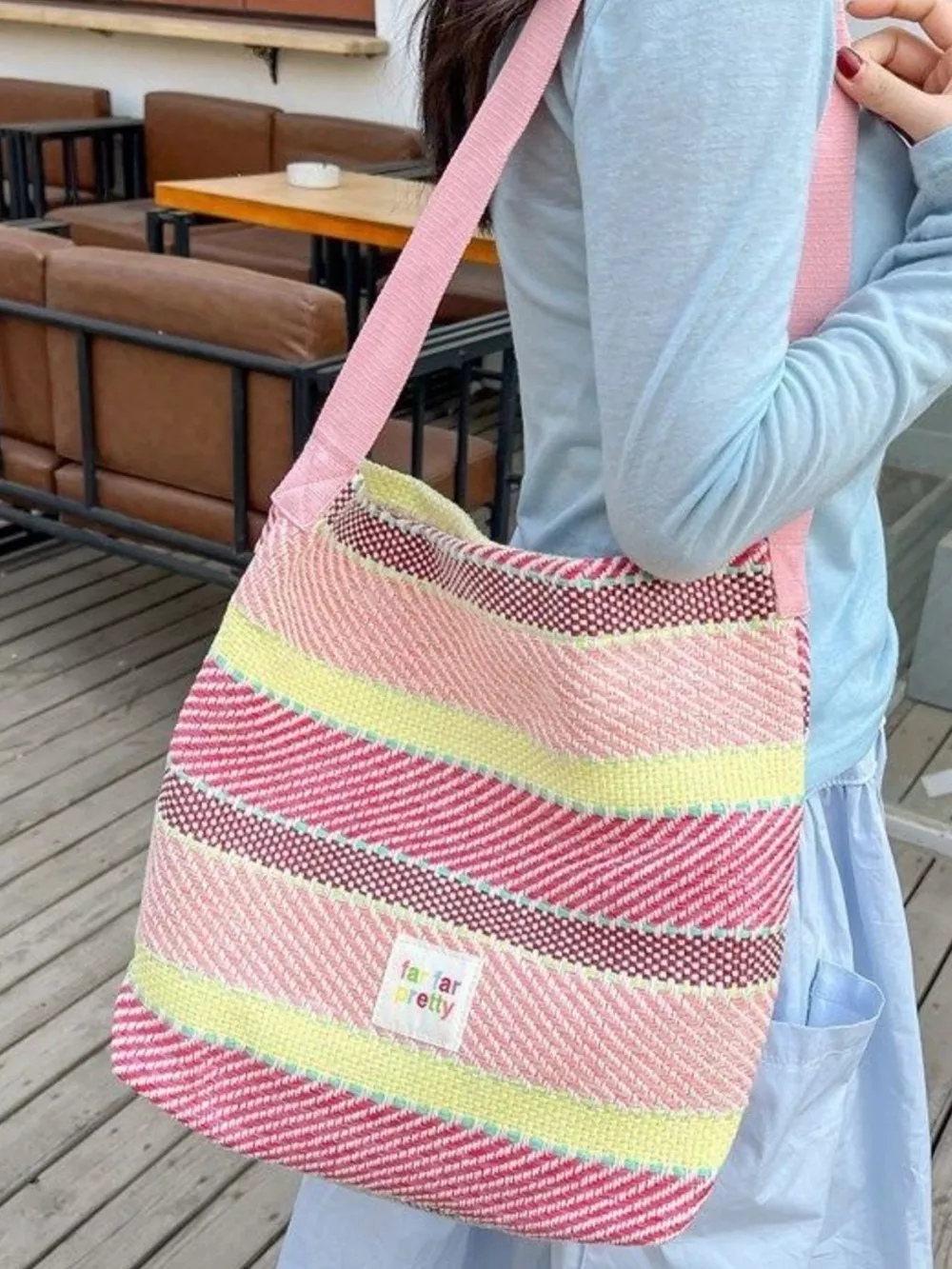 Striped Woven Shoulder Bag with Adjustable Strap, image 5
