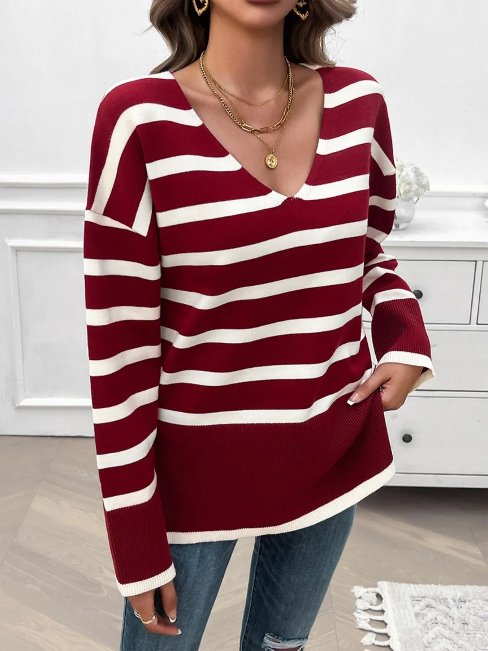 Striped V-Neck Long Sleeve Knit Top, image 12