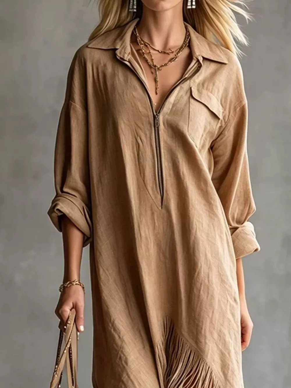Fringe Hem Zip-Up Shirt Dress, image 12