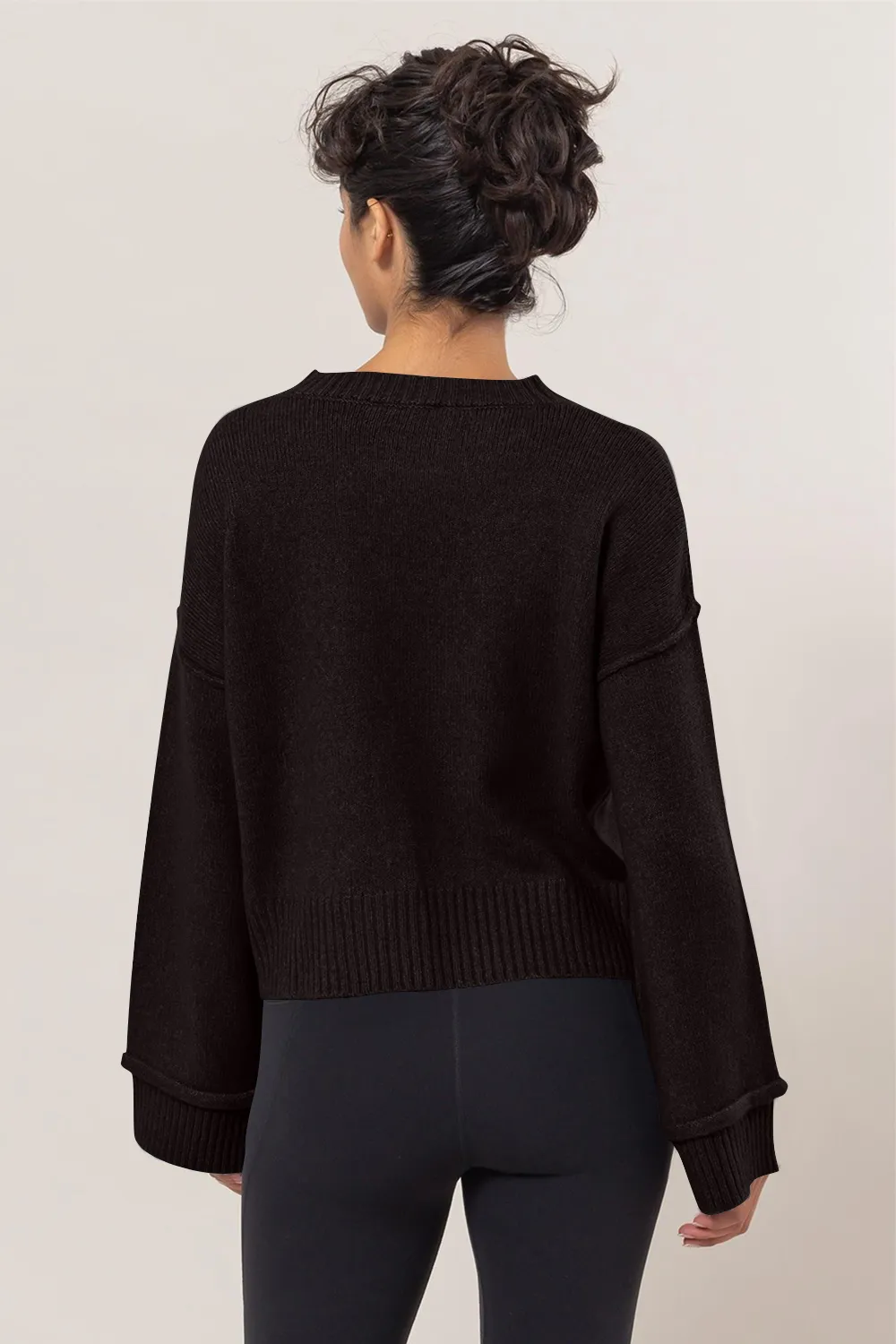 Round Neck Dropped Shoulder Ribbed Sweater, image 2