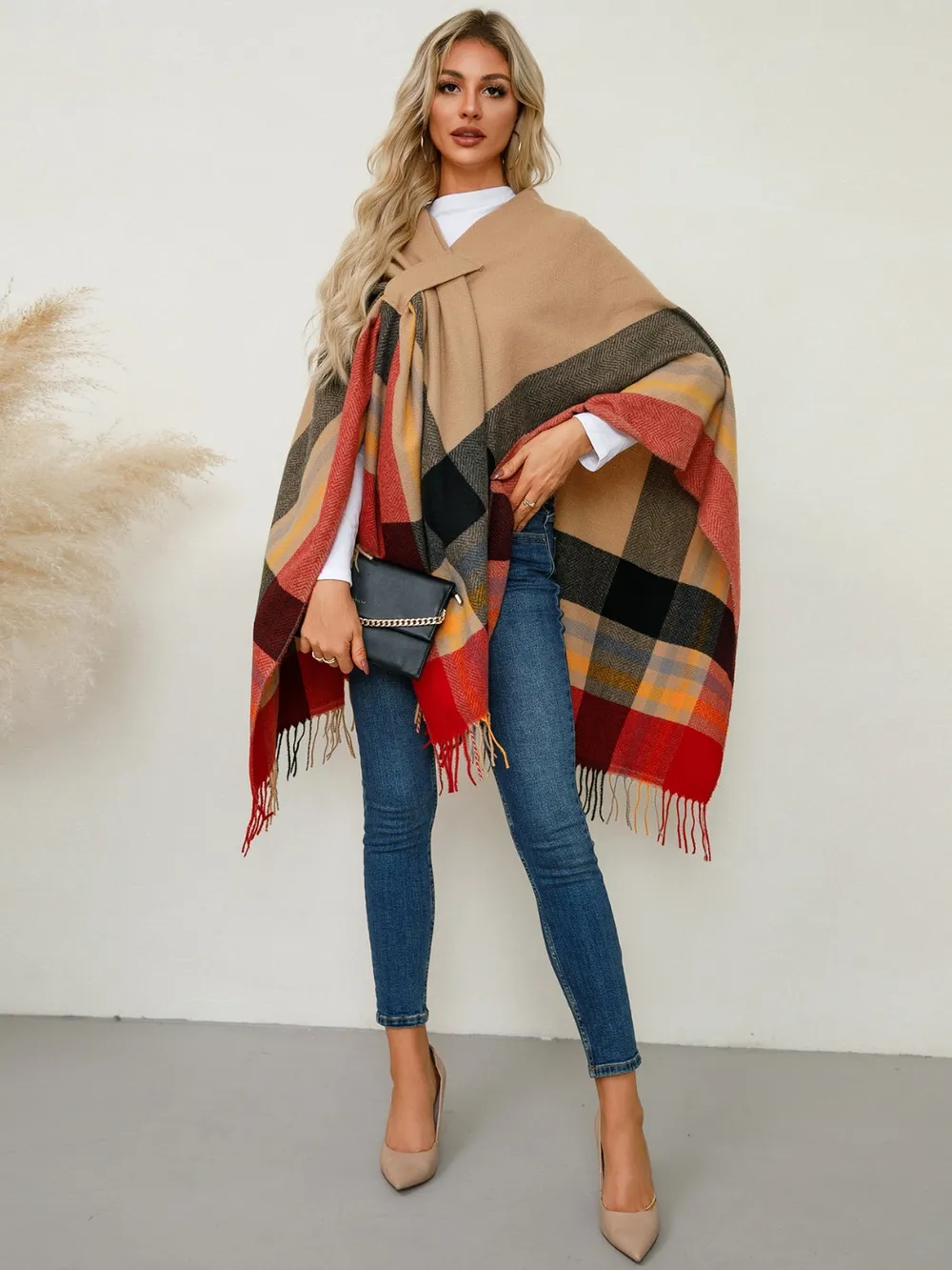 Fringe Contrast Plaid Poncho, image 6