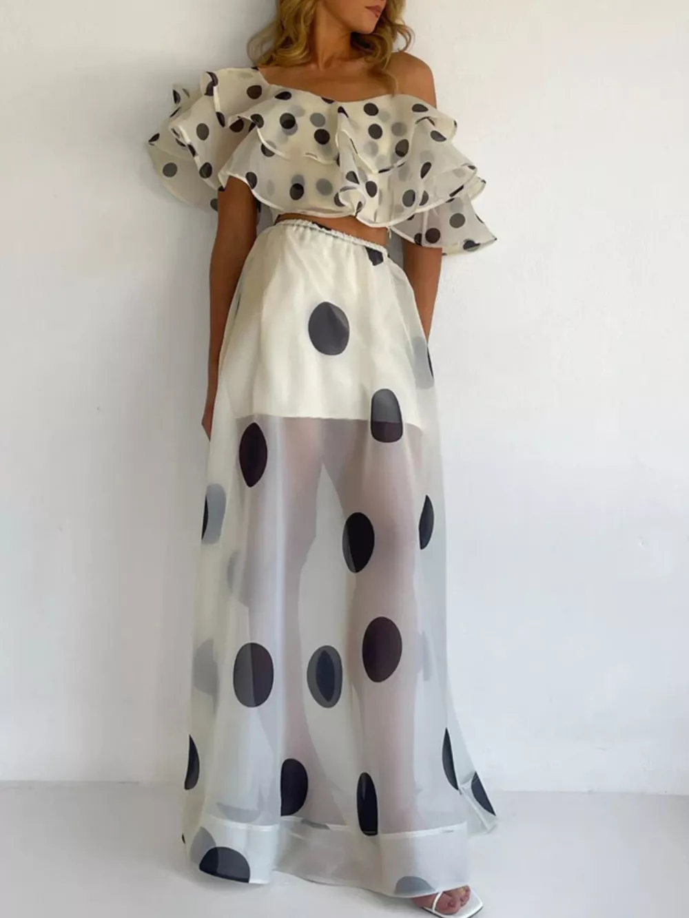 Polka Dot Ruffle Crop Top and Maxi Skirt Set, image 3