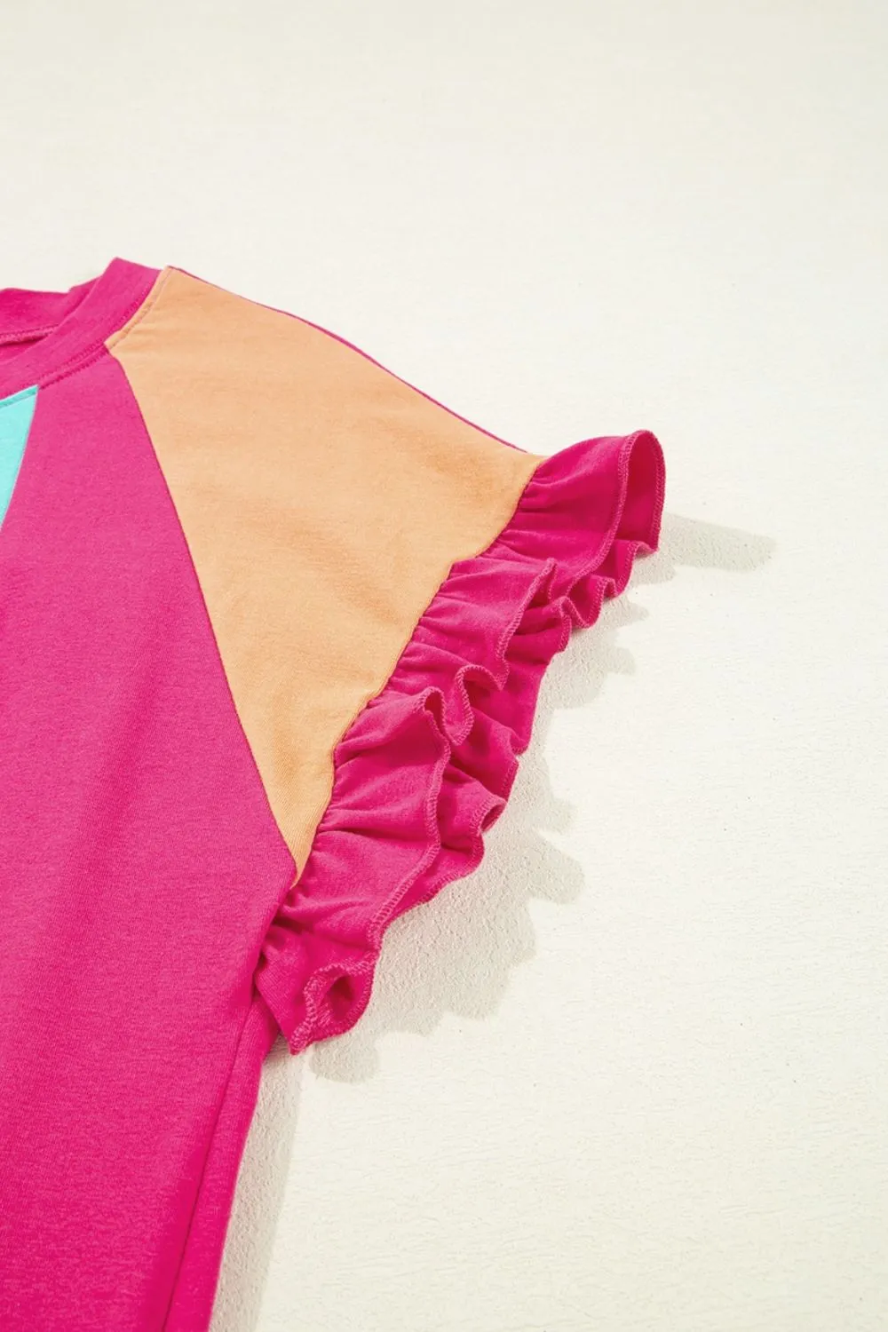 Frill Color Block Crew Neck Loose Fit T Shirt, image 3