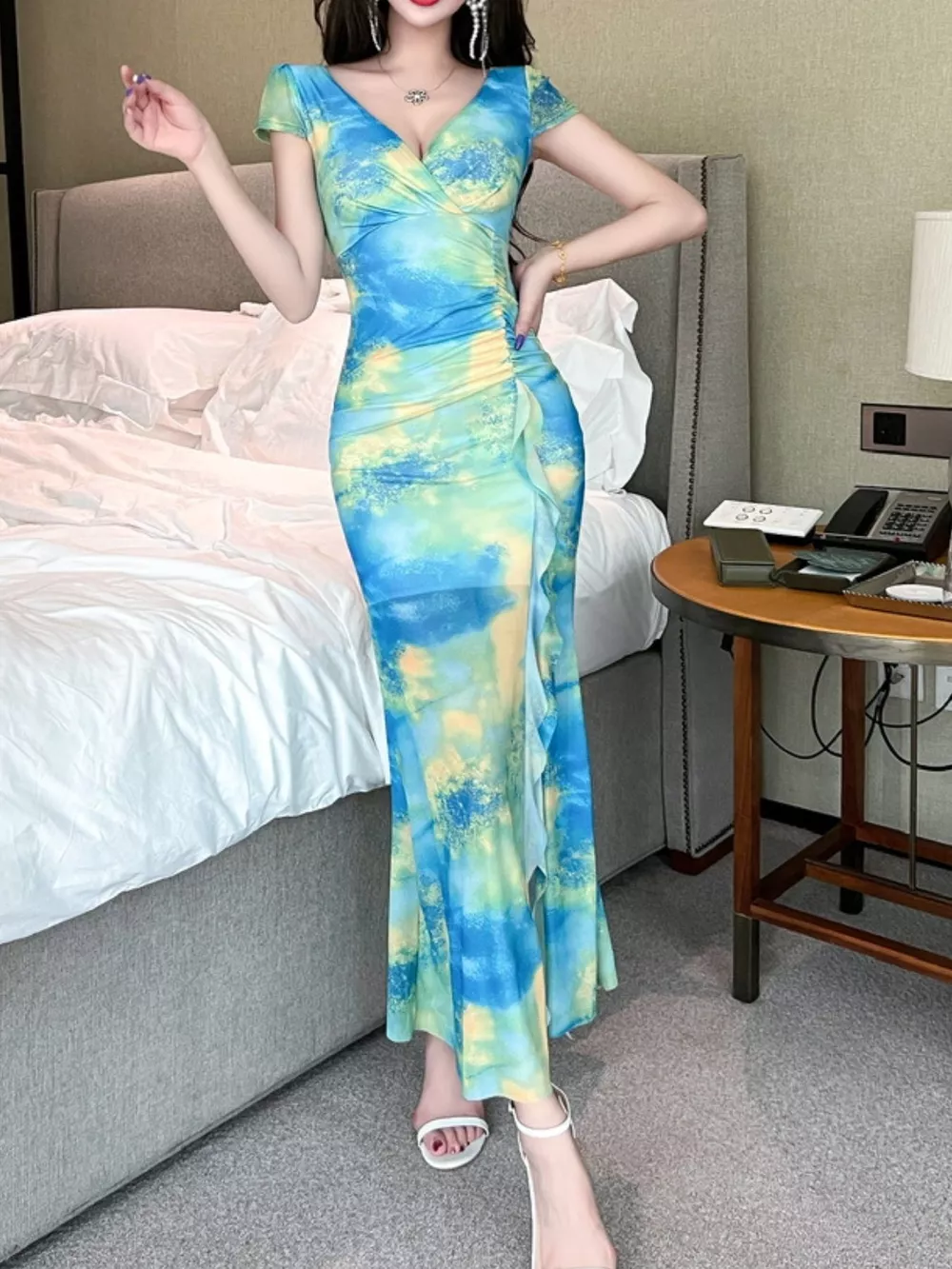 Tie-Dye Surplice Ruffle Slit Dress, image 2