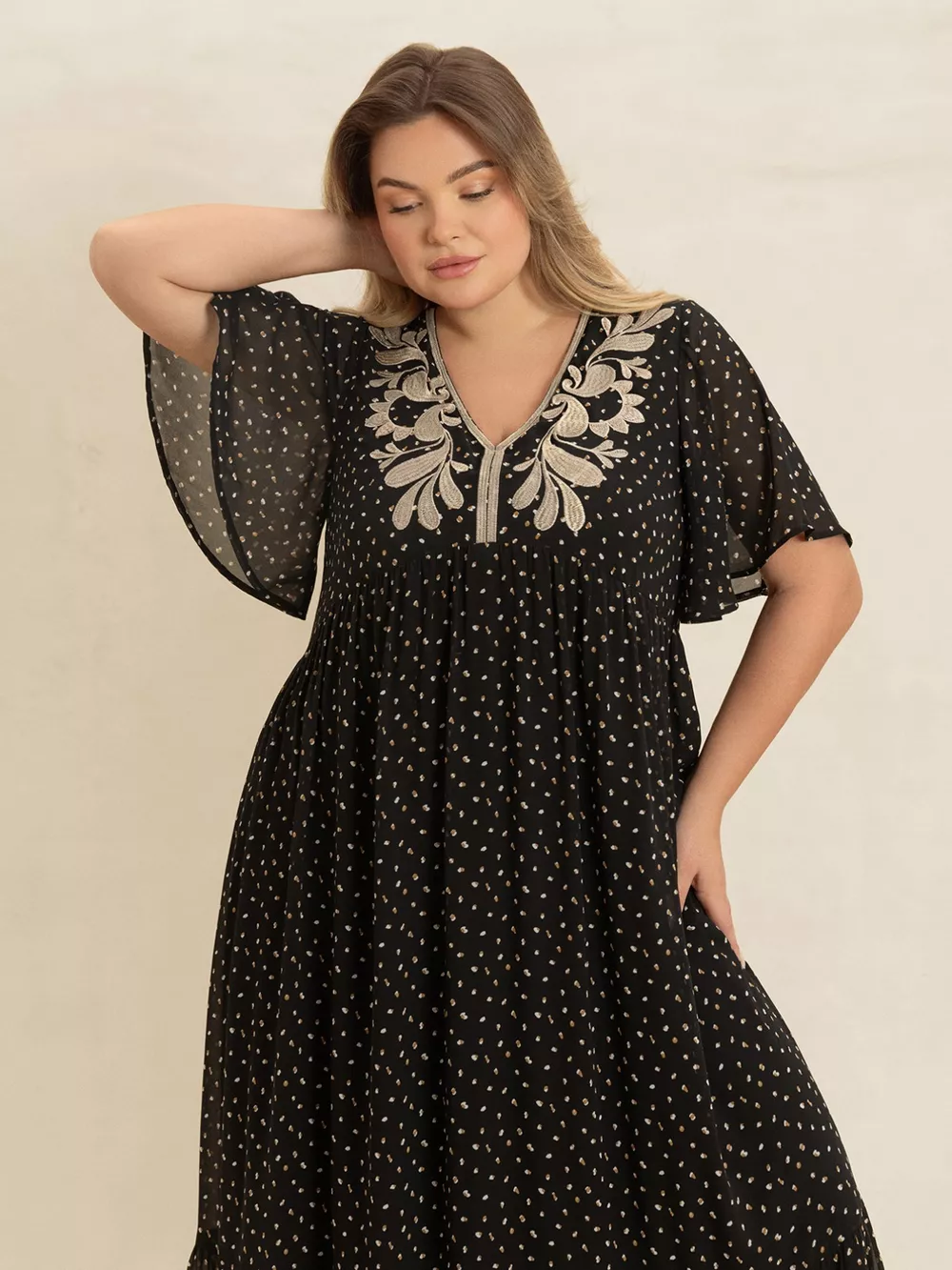 Plus Size Printed V-Neck Flutter Sleeve Maxi Dress, image 4