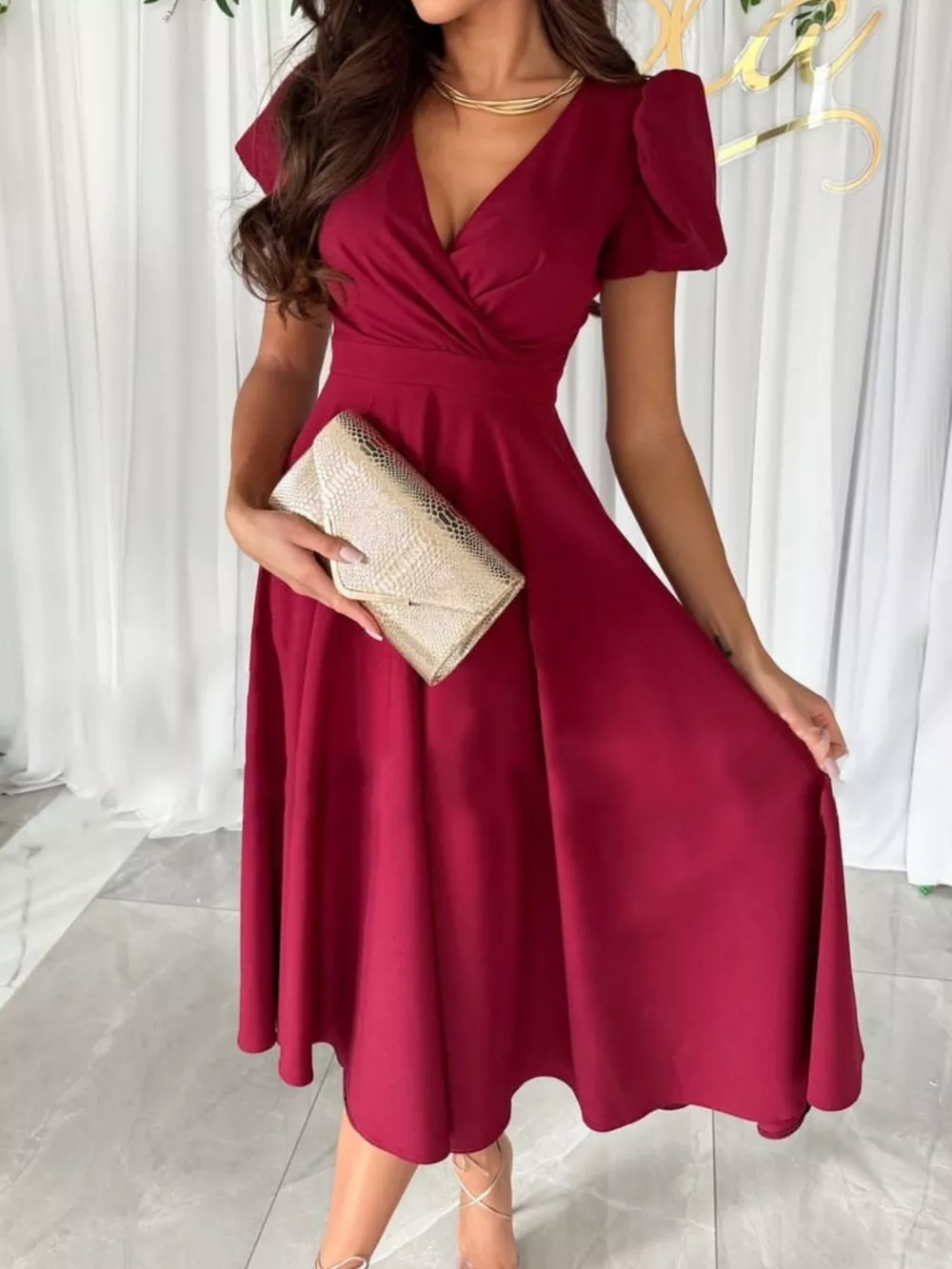 Surplice Puff Sleeve Midi Dress, image 3