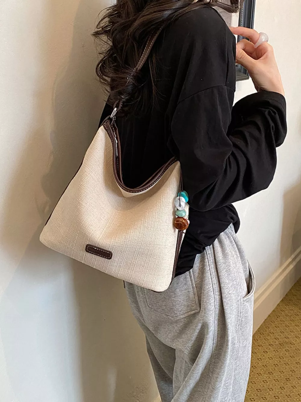 Casual Shoulder Bag with Decorative Charm, image 2