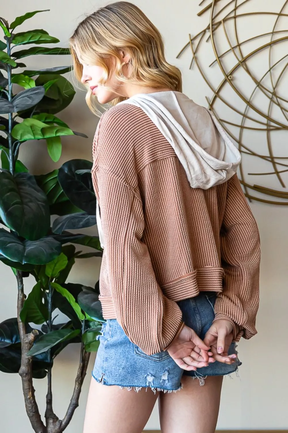 Button Up Drawstring Striped Hooded Jacket, image 2