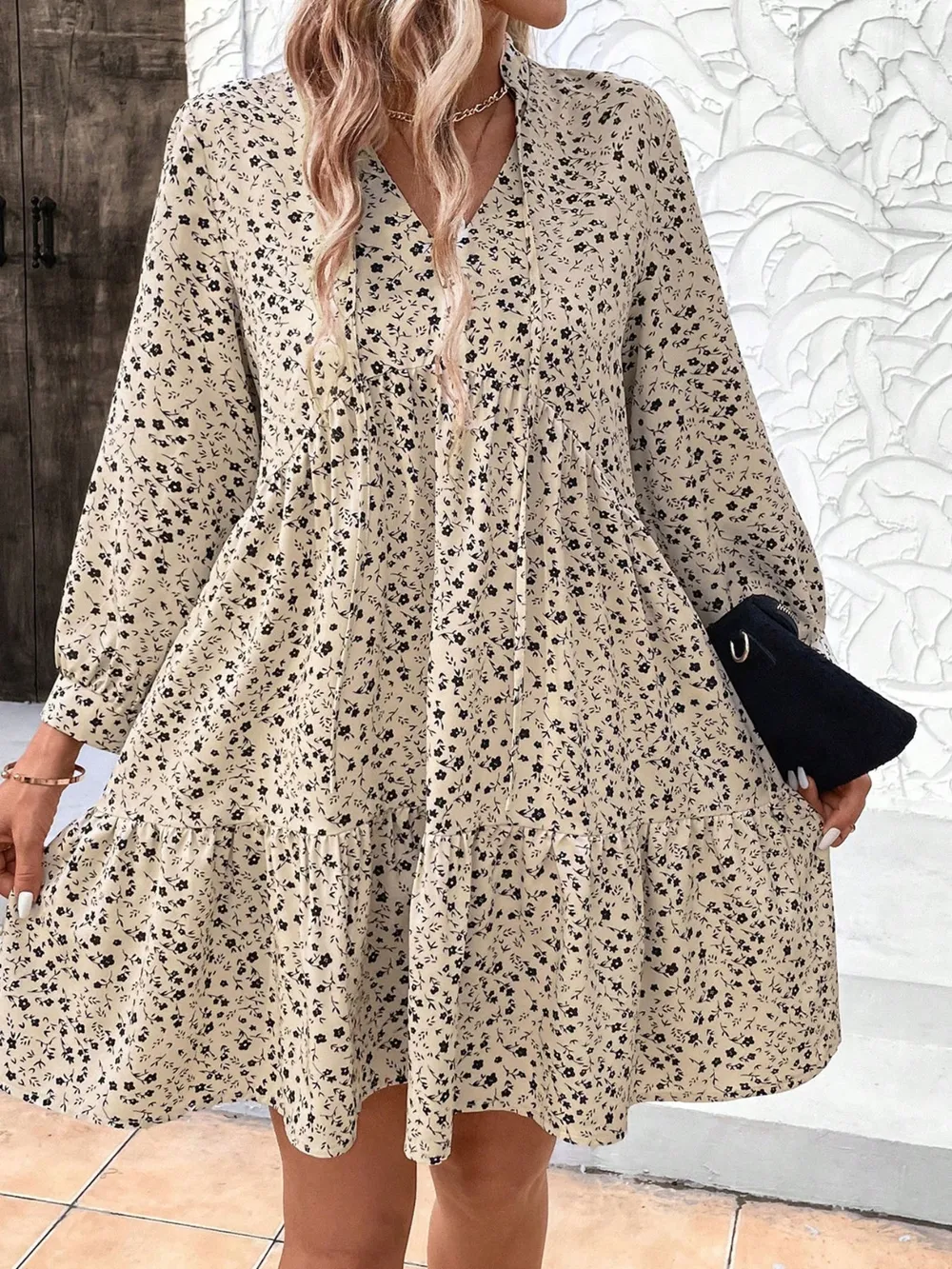 Tied Printed Long Sleeve Mini Dress, image 5