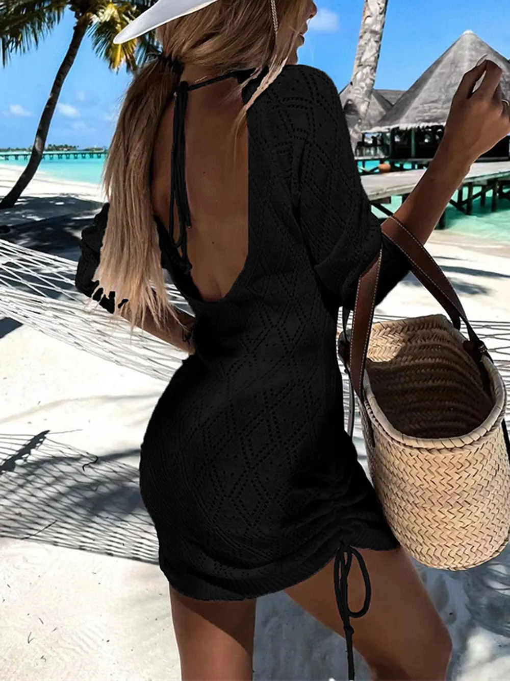 Backless Openwork Drawstring Round Neck Cover Up, image 10