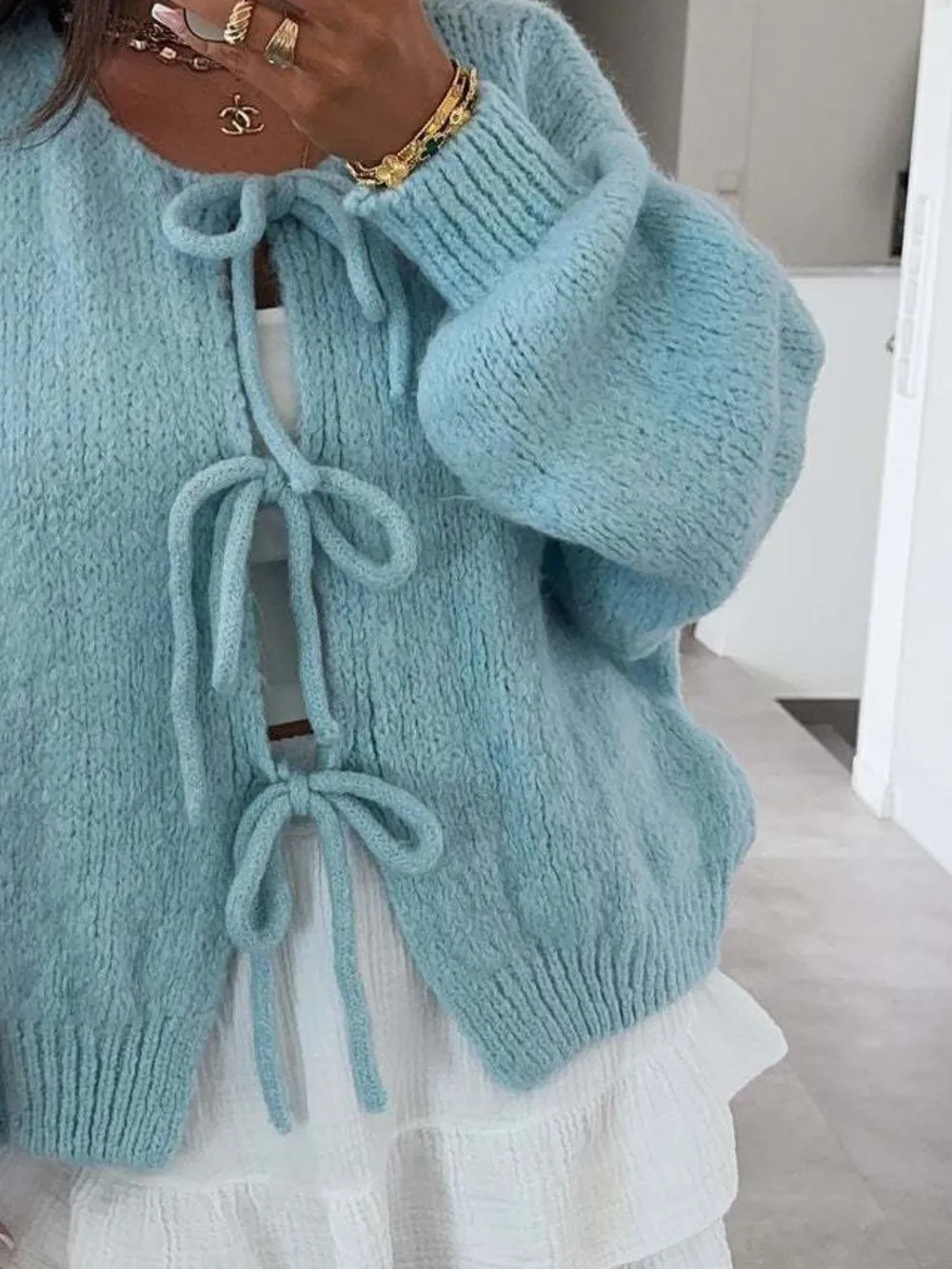 Cozy Bow-Tie Front Knit Cardigan, image 12