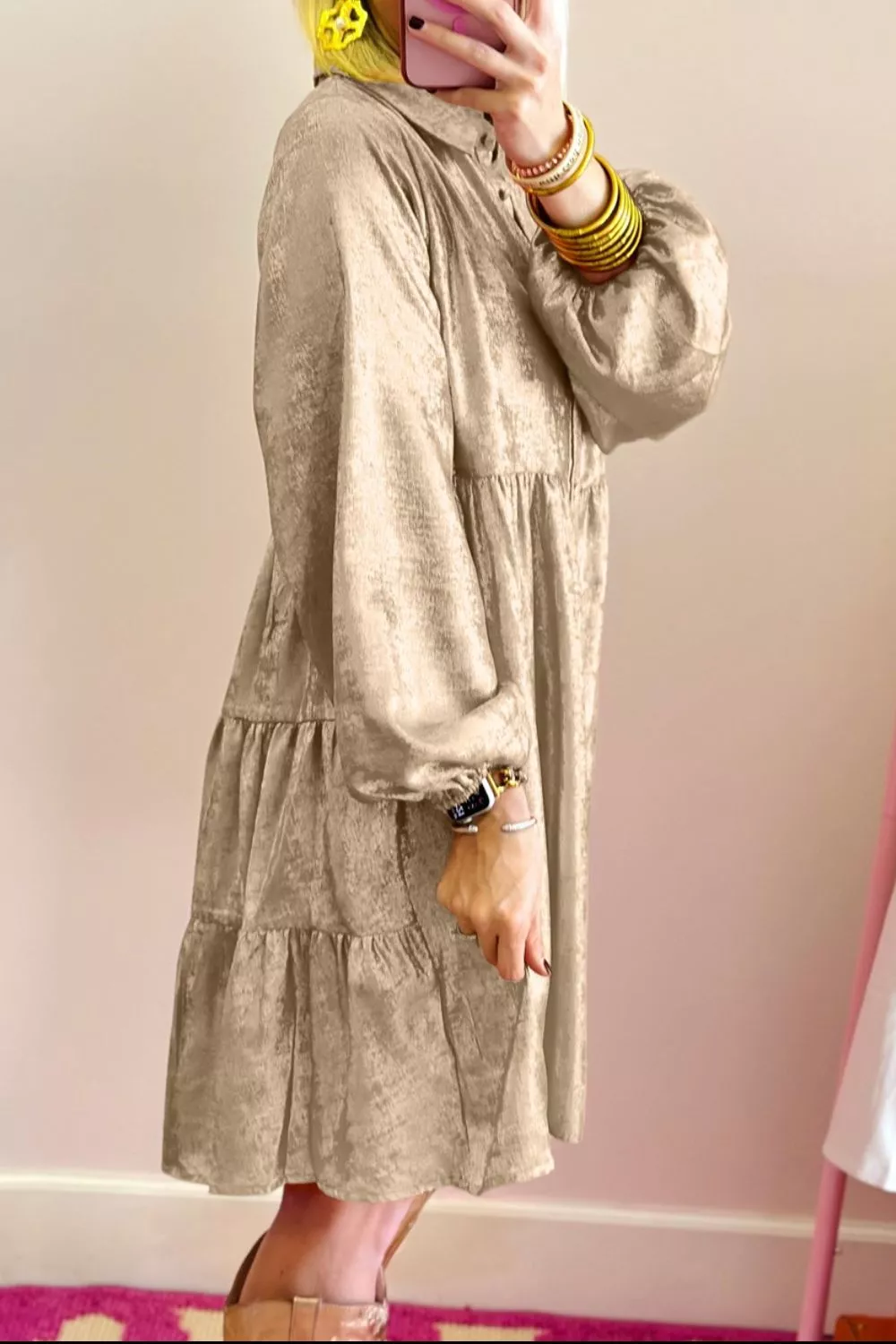 Button Front Balloon Sleeve Mini Dress, image 5